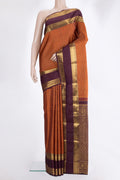Pure Silk Orange Kanjivaram Saree with Checked design on the body and Zari Border.  displayed on a mannequin
