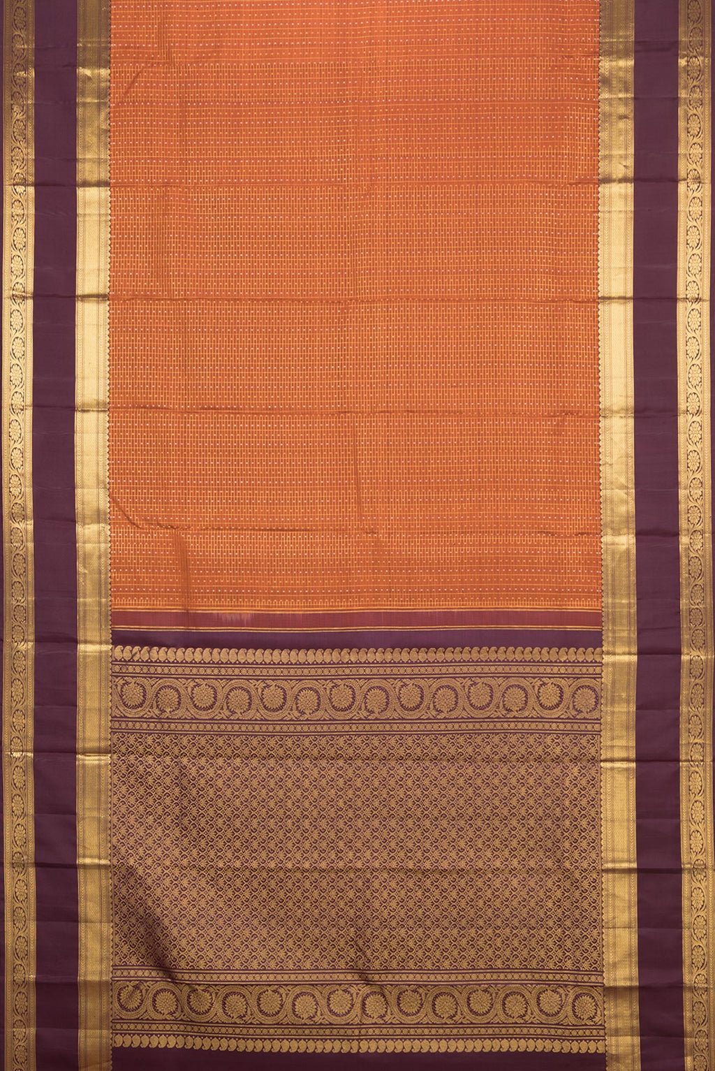 Flat view of Pure Silk Orange Kanjivaram Saree with Checked design on the body and Zari Border. 