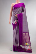 Pure Silk Purple Dual Tone Kanchipuram Saree with Checked design on the body and Fancy Border.  displayed on a mannequin