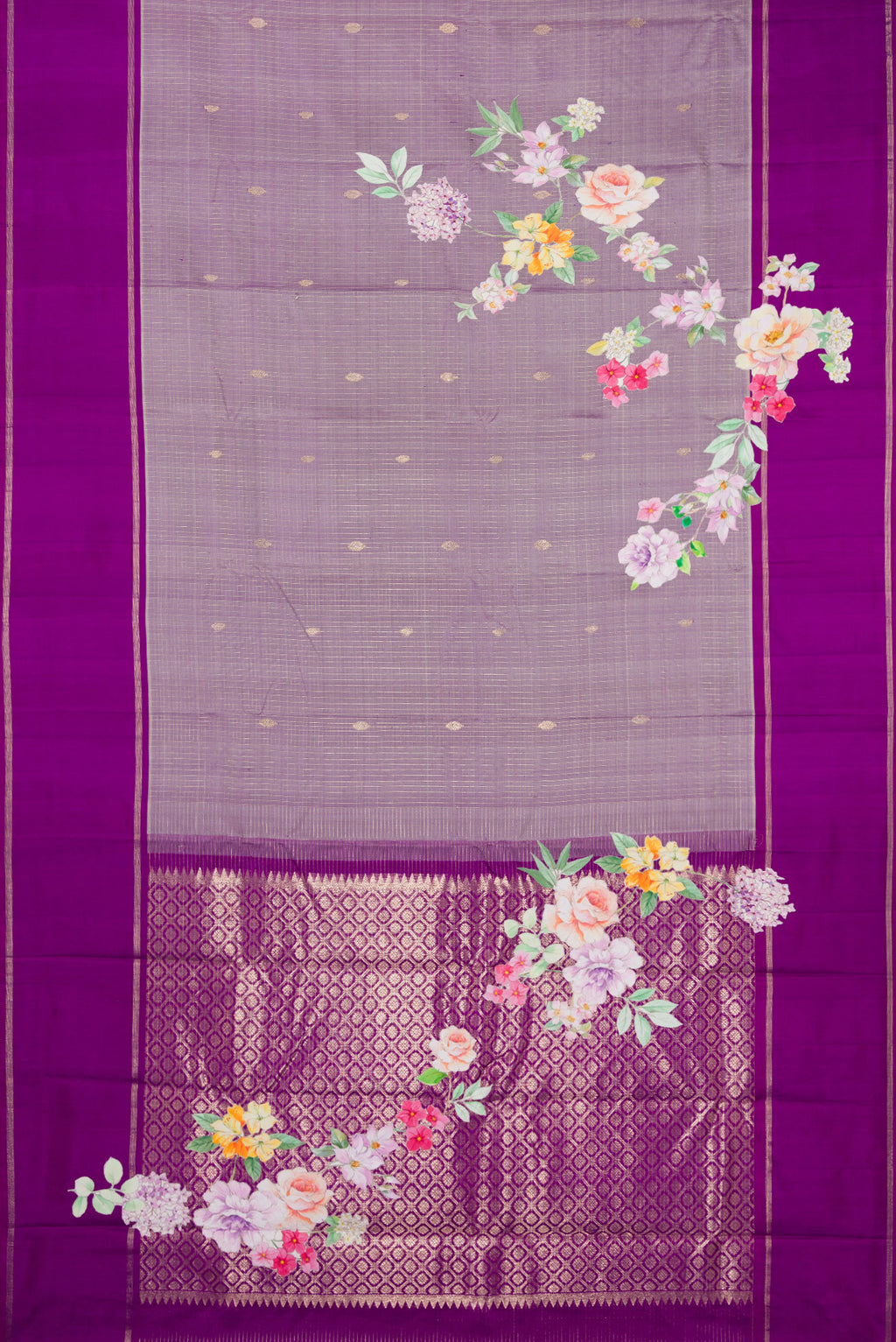 Flat view of Pure Silk Purple Dual Tone Kanchipuram Saree with Checked design on the body and Fancy Border. 