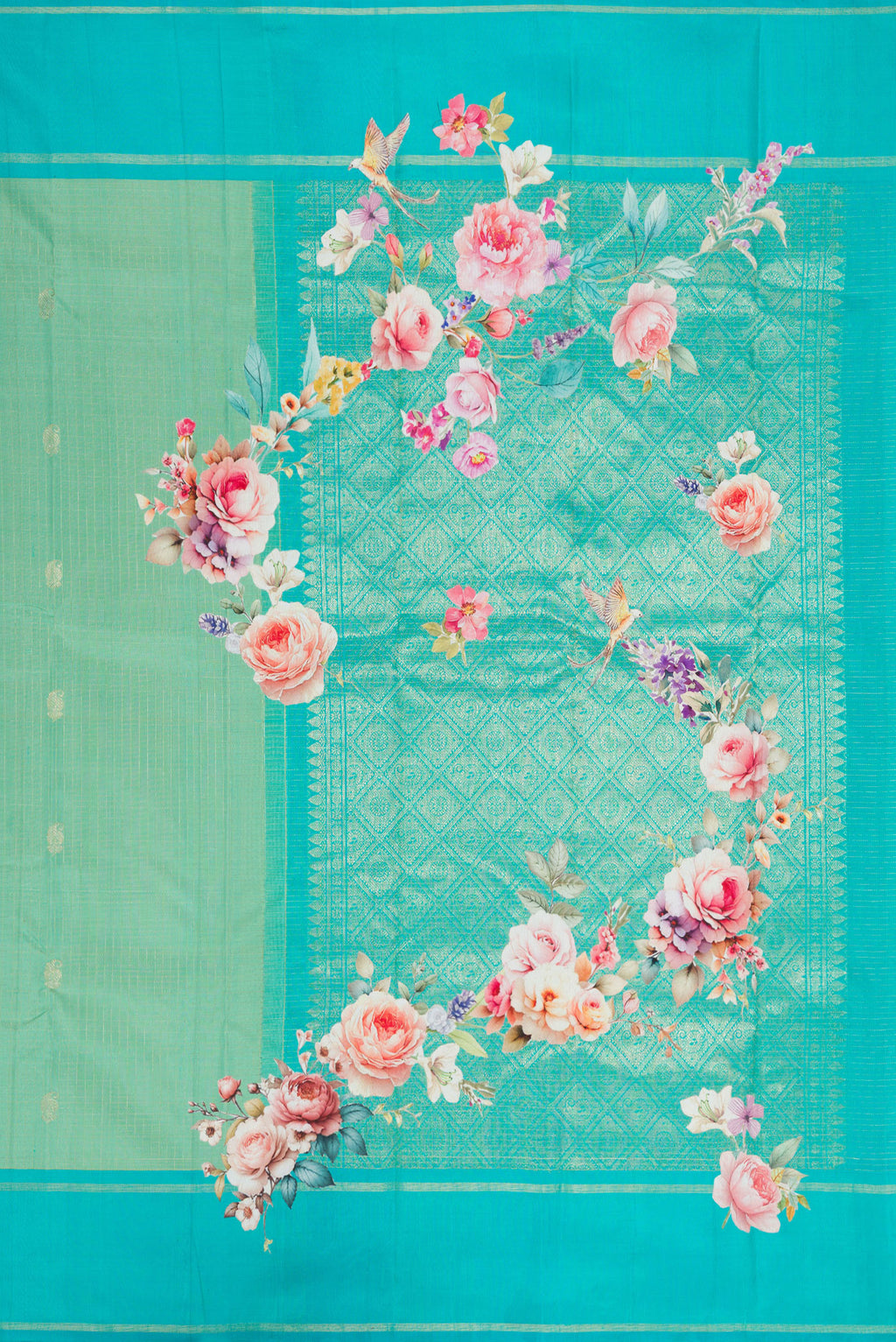 Close up image of the pallu of Pure Silk Sea Green Kanchipuram Saree with Zari Butta on the body and Fancy Border. 