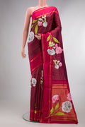 Pure Silk Maroon Kanchipuram Saree with Stripes on the body and Fancy Border.  displayed on a mannequin