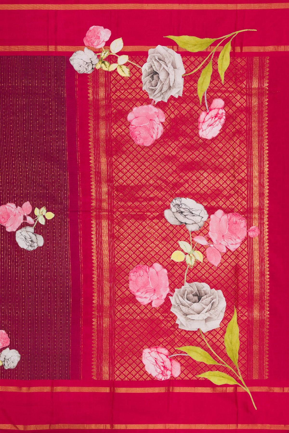 Close up image of the pallu of Pure Silk Maroon Kanchipuram Saree with Stripes on the body and Fancy Border. 
