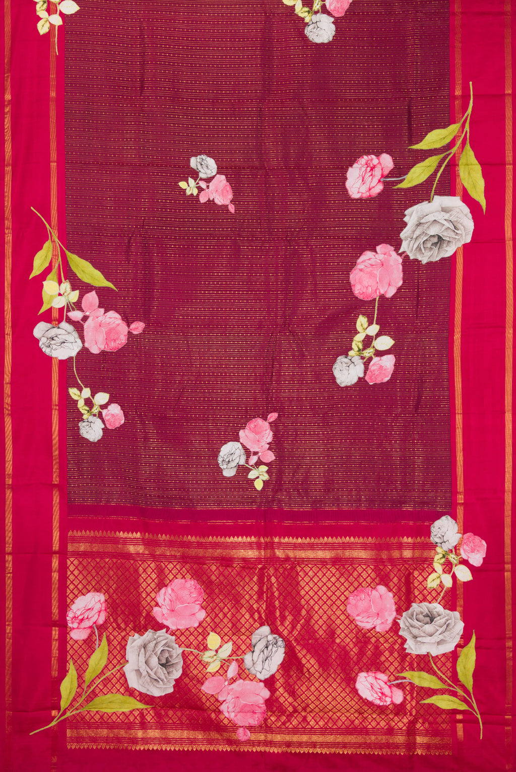 Flat view of Pure Silk Maroon Kanchipuram Saree with Stripes on the body and Fancy Border. 