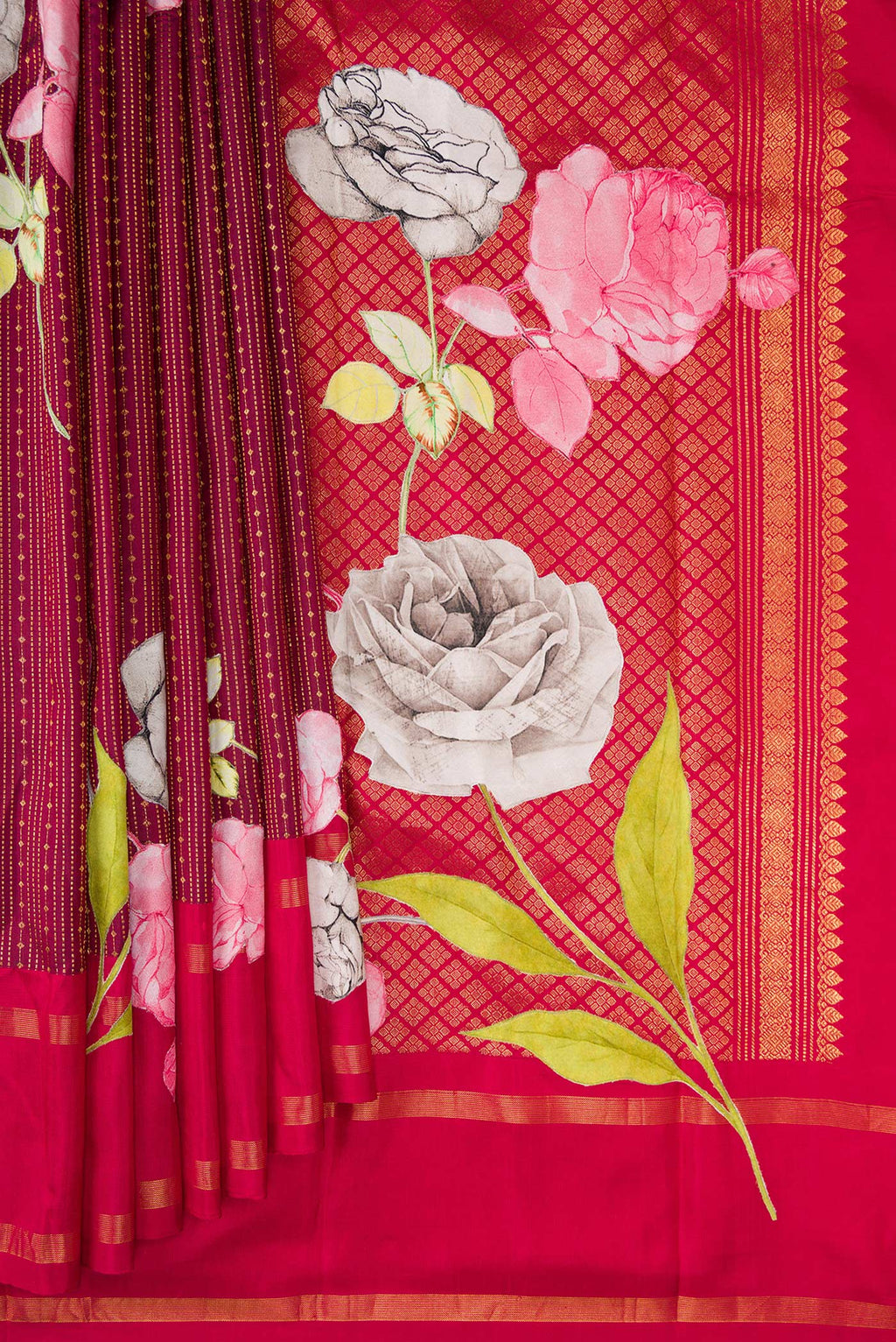 Pleats and pallu of Pure Silk Maroon Kanchipuram Saree with Stripes on the body and Fancy Border. 
