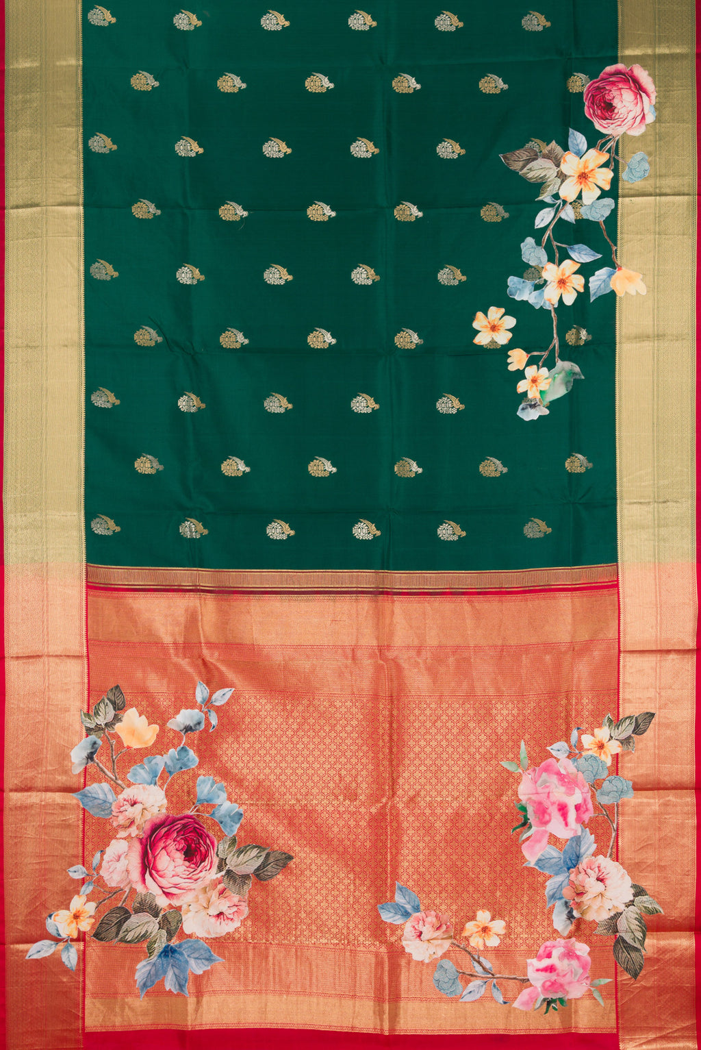 Flat view of Pure Silk Green Kanjivaram Saree with Zari Butta on the body and Fancy Border. 