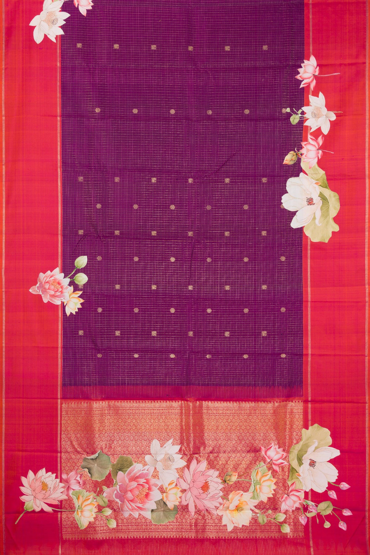 Flat view of Pure Silk Purple Dual Tone Kanchipuram Saree with Checked design on the body and Fancy Border. 