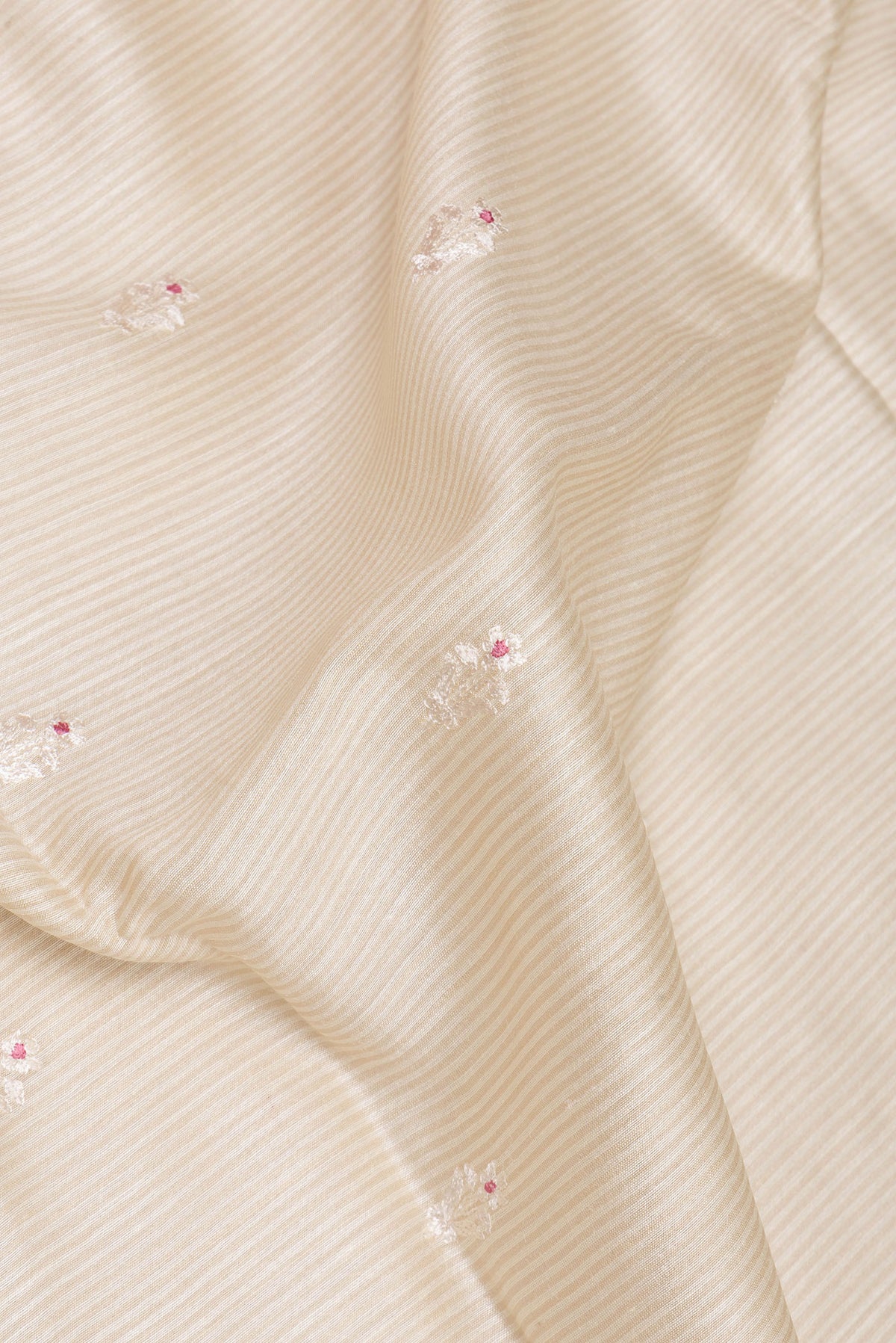 Close up of Cream Tussar Saree with Embroidery on the body and Embroidery Border.  displaying folds