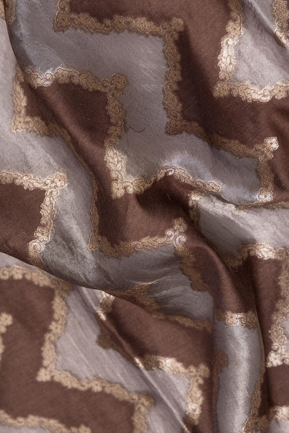 Close up of Brown Dual Tone Tussar Saree with Zari Brocade on the body and Embroidery Border.  displaying folds