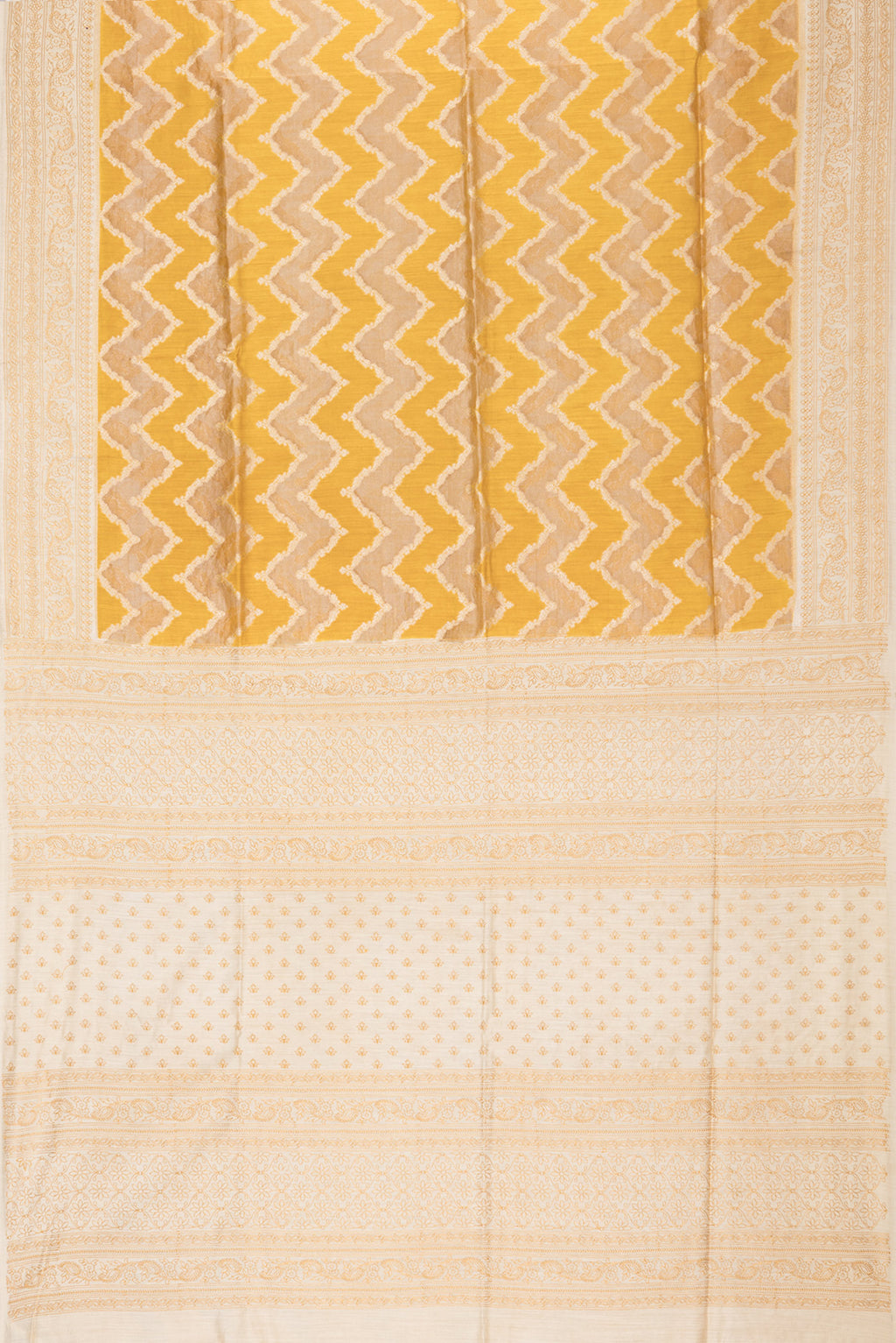 Flat view of Pure Silk Mustard Dual Tone Tussar Saree with Zari Brocade on the body and Embroidery Border. 