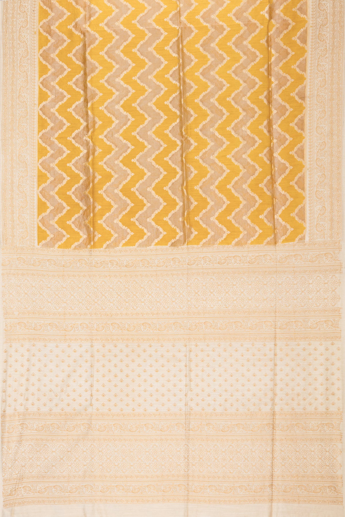 Flat view of Pure Silk Mustard Dual Tone Tussar Saree with Zari Brocade on the body and Embroidery Border. 