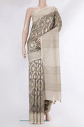 Pure Silk Grey Dual Tone Tussar Saree with Zari Brocade on the body and Embroidery Border.  displayed on a mannequin