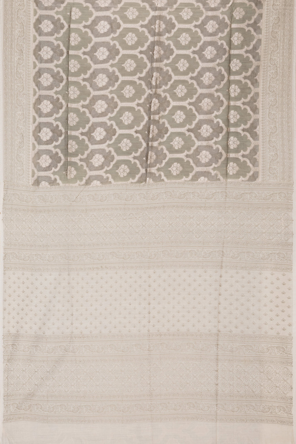 Flat view of Pure Silk Grey Dual Tone Tussar Saree with Zari Brocade on the body and Embroidery Border. 