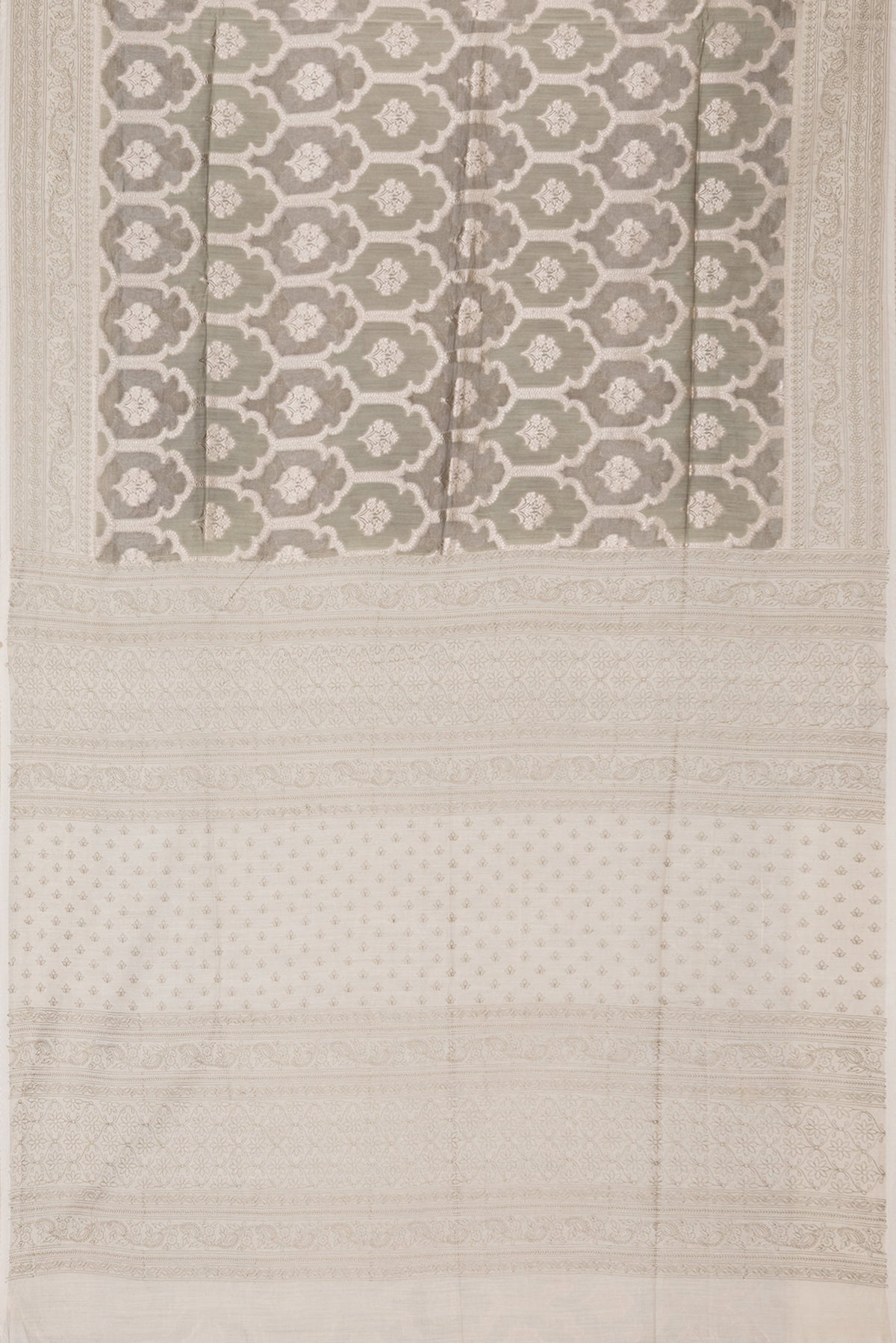 Flat view of Pure Silk Grey Dual Tone Tussar Saree with Zari Brocade on the body and Embroidery Border. 