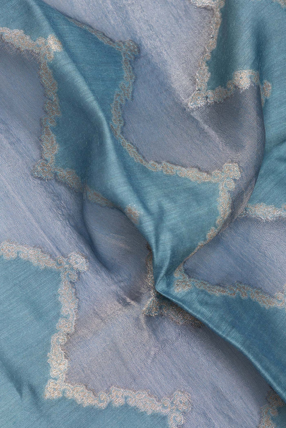 Close up of Light Blue Dual Tone Tussar Saree with Zari Brocade on the body and Embroidery Border.  displaying folds