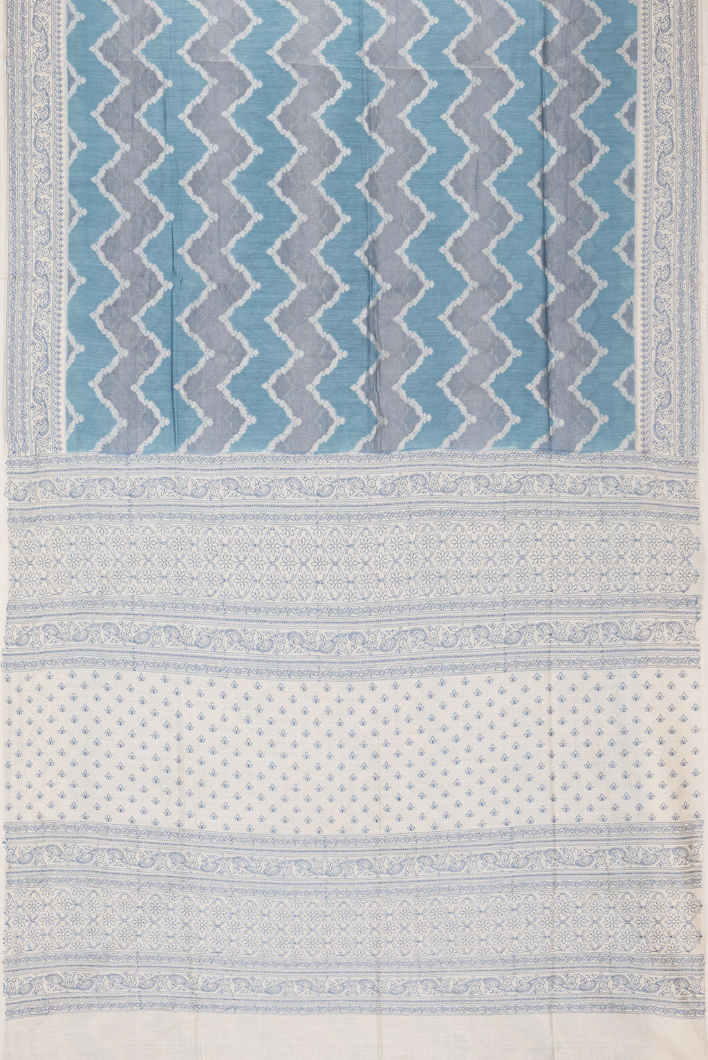 Flat view of Light Blue Dual Tone Tussar Saree with Zari Brocade on the body and Embroidery Border. 