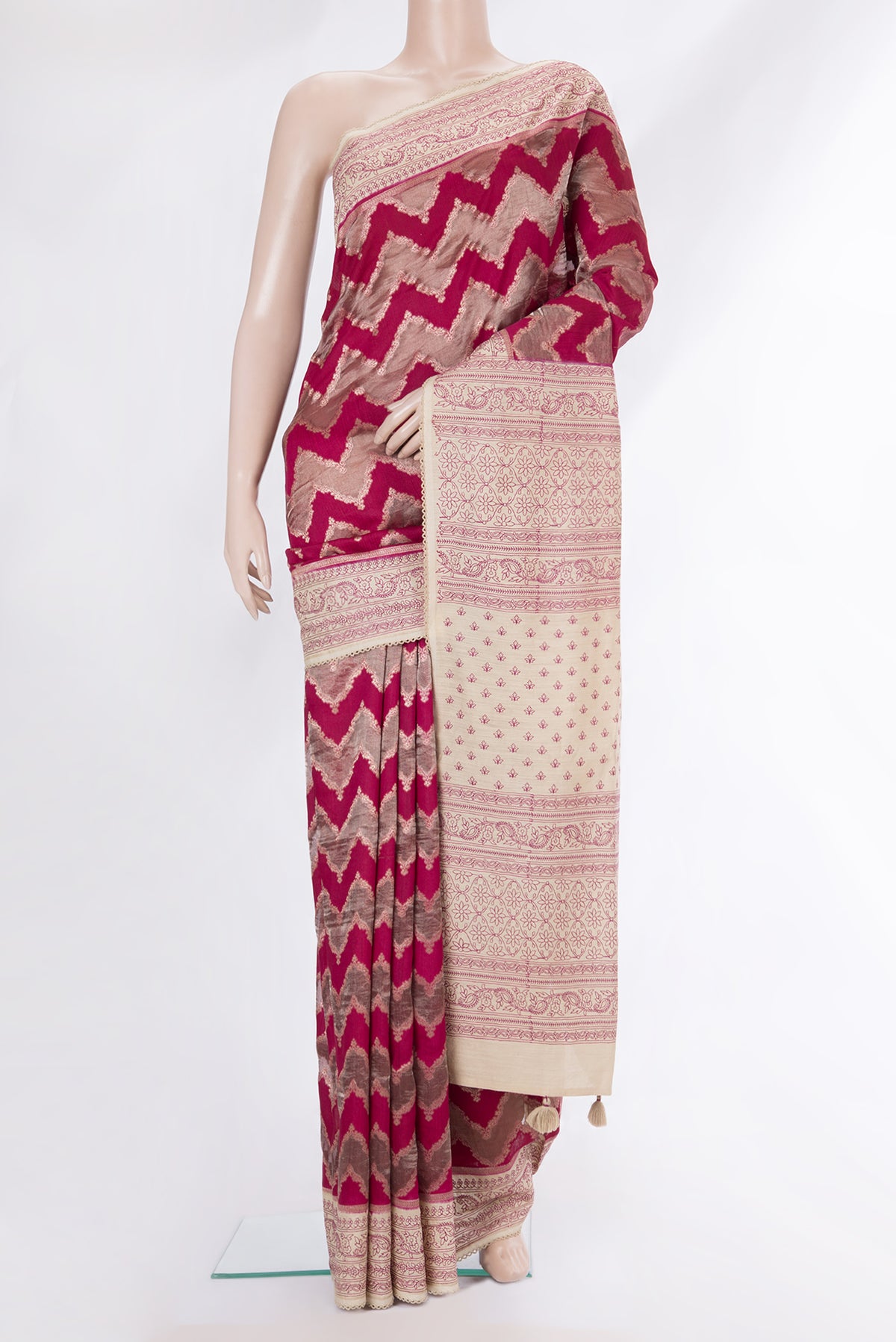 Pure Silk Dark Pink Dual Tone Tussar Saree with Zari Brocade on the body and Embroidery Border.  displayed on a mannequin