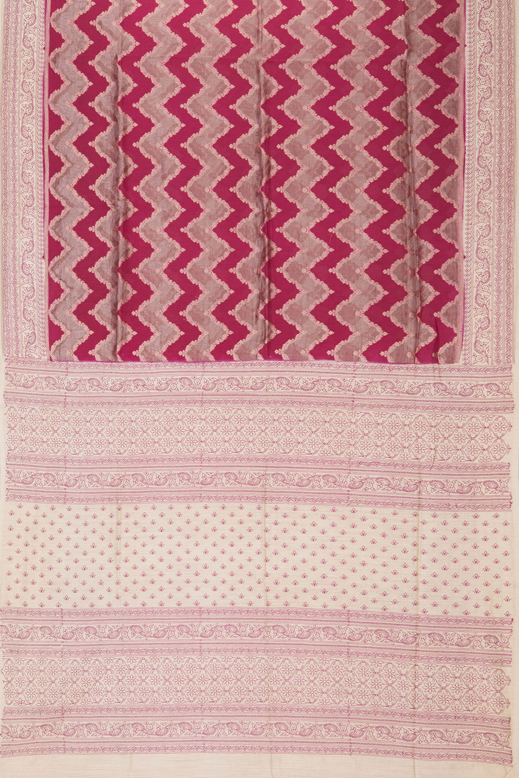 Flat view of Pure Silk Dark Pink Dual Tone Tussar Saree with Zari Brocade on the body and Embroidery Border. 
