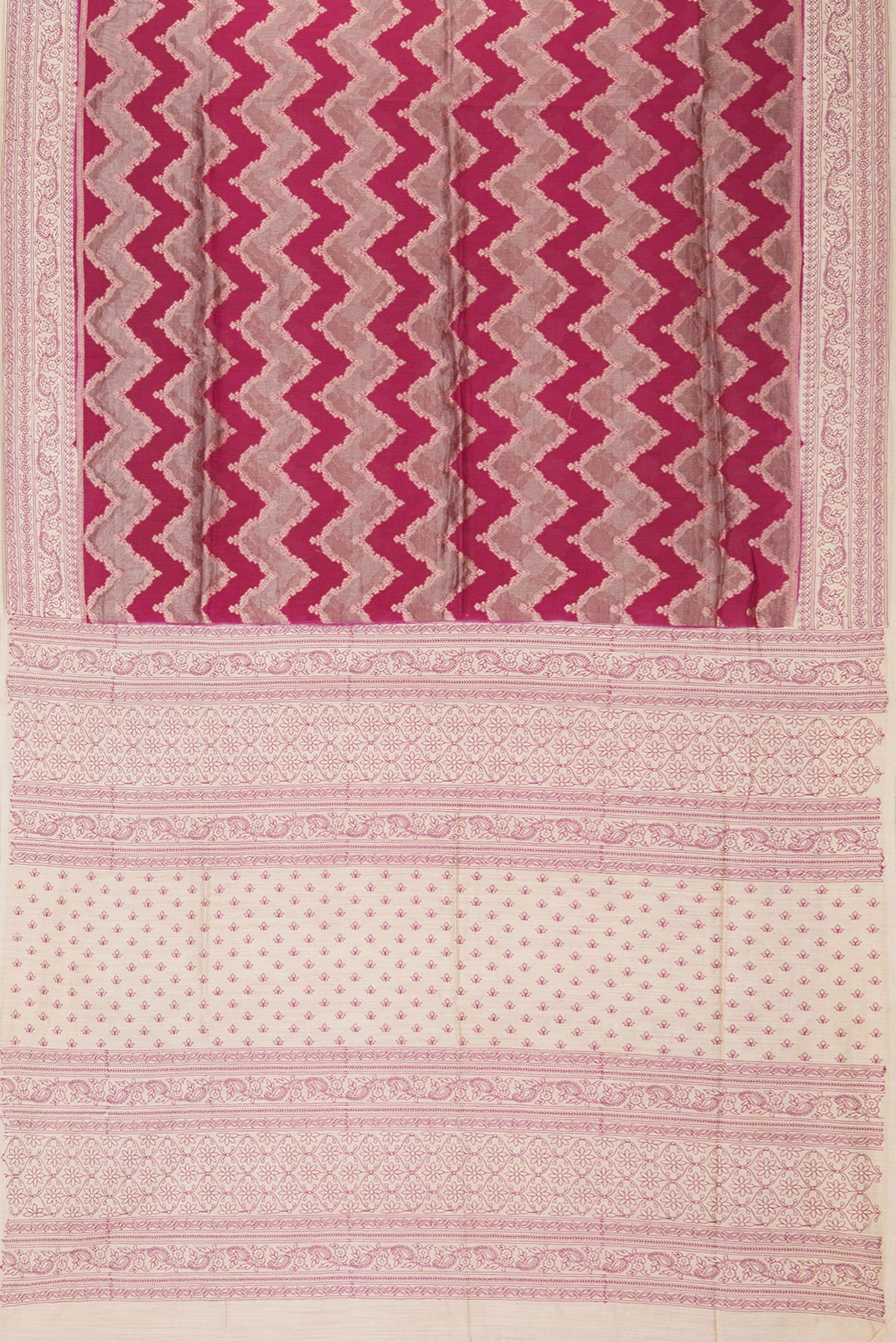 Flat view of Pure Silk Dark Pink Dual Tone Tussar Saree with Zari Brocade on the body and Embroidery Border. 