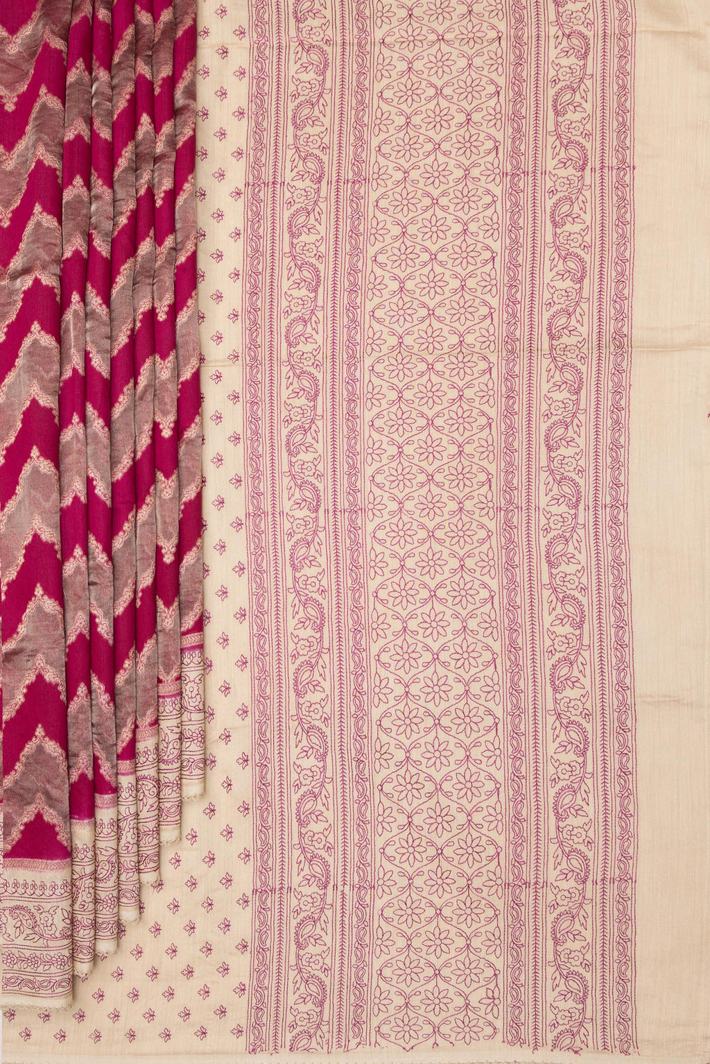 Pleats and pallu of Pure Silk Dark Pink Dual Tone Tussar Saree with Zari Brocade on the body and Embroidery Border. 