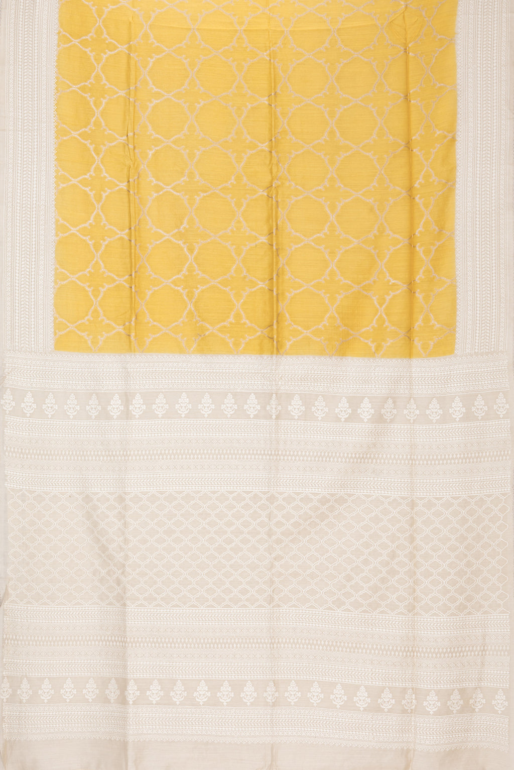 Flat view of Pure Silk Yellow Dual Tone Tussar Saree with Zari Brocade on the body and Embroidery Border. 