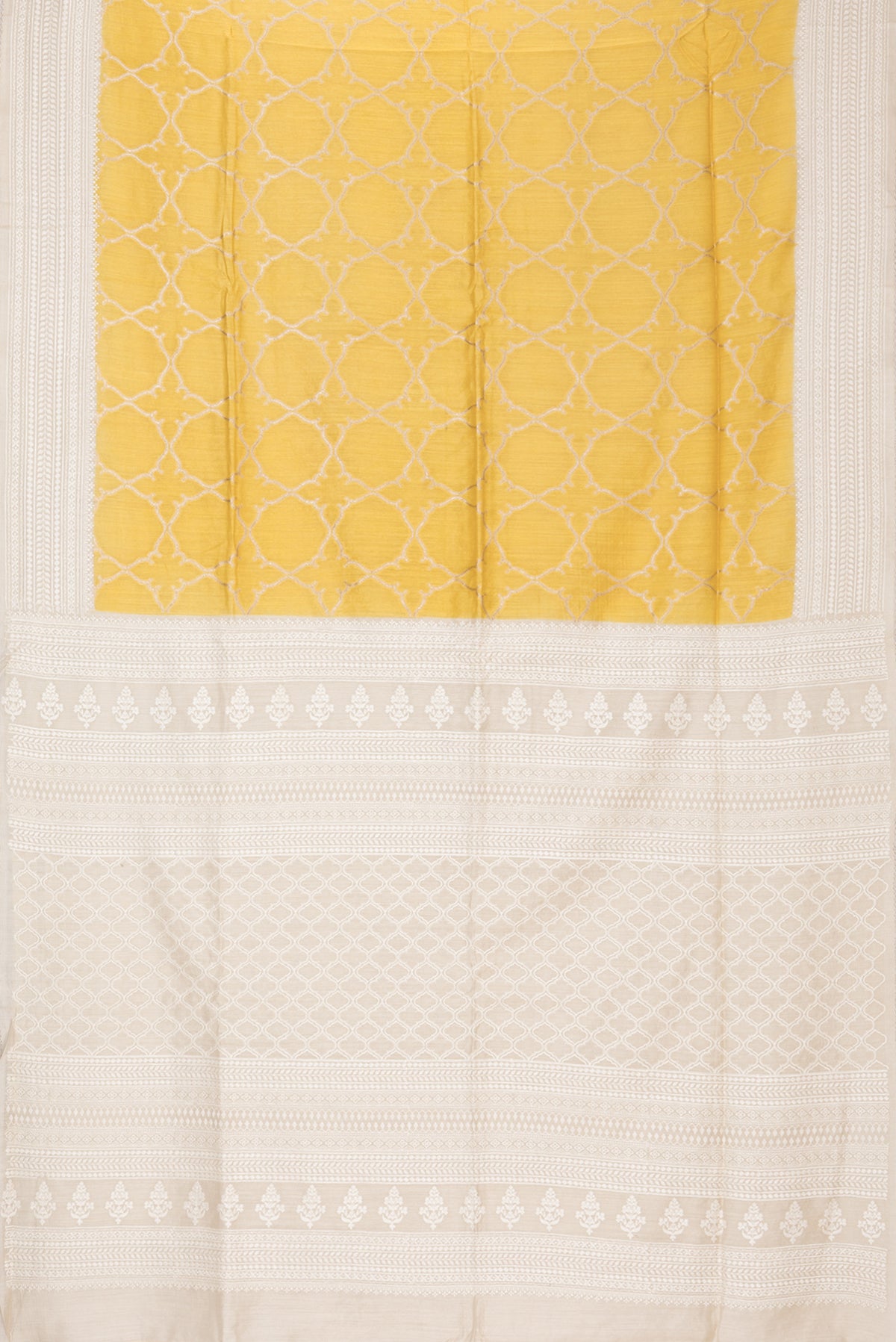 Flat view of Pure Silk Yellow Dual Tone Tussar Saree with Zari Brocade on the body and Embroidery Border. 