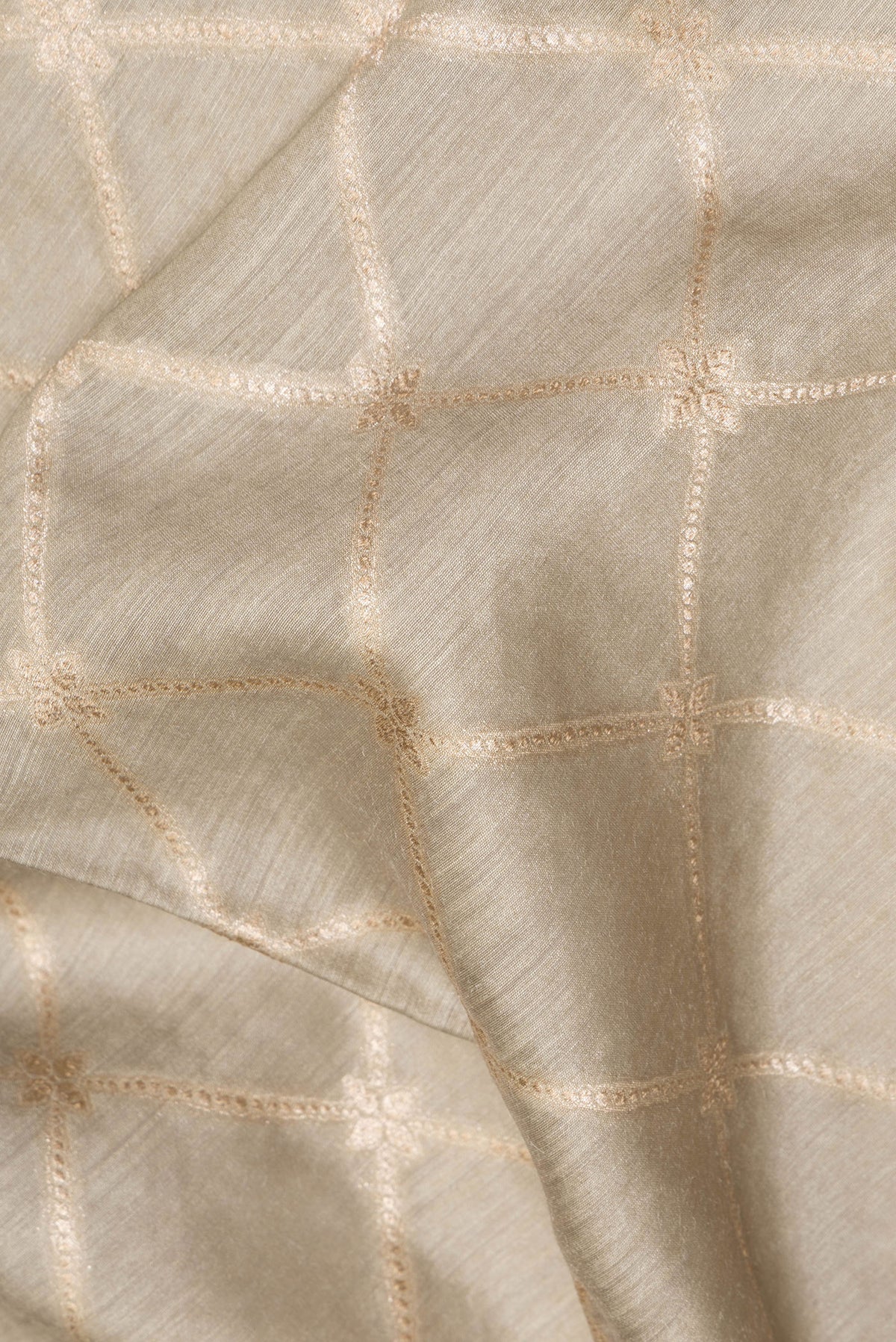 Close up of Pure Silk Grey Dual Tone Tussar Saree with Zari Brocade on the body and Embroidery Border.  displaying folds