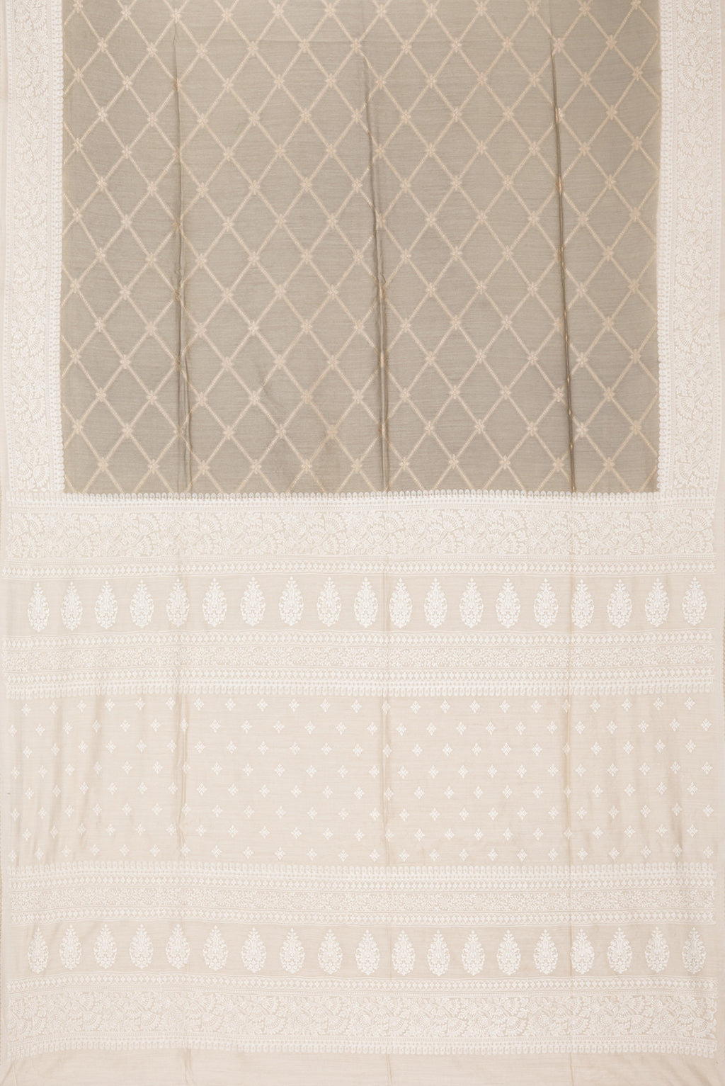 Flat view of Pure Silk Grey Dual Tone Tussar Saree with Zari Brocade on the body and Embroidery Border. 