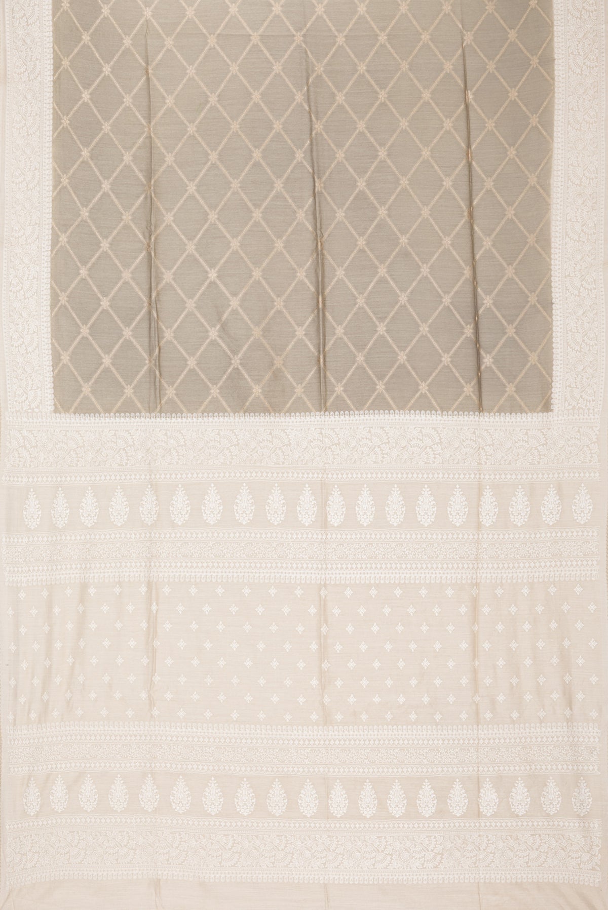 Flat view of Pure Silk Grey Dual Tone Tussar Saree with Zari Brocade on the body and Embroidery Border. 