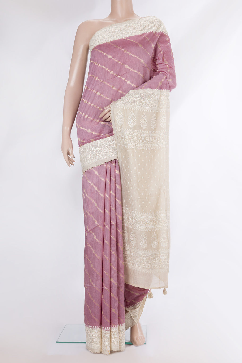 Pink Dual Tone Tussar Saree with Thread Butta on the body and Embroidery Border.  displayed on a mannequin