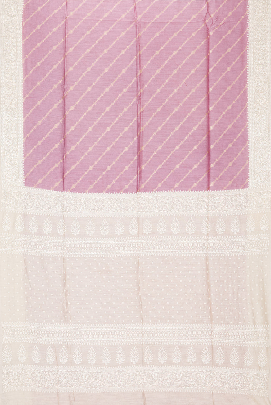 Flat view of Pink Dual Tone Tussar Saree with Thread Butta on the body and Embroidery Border. 