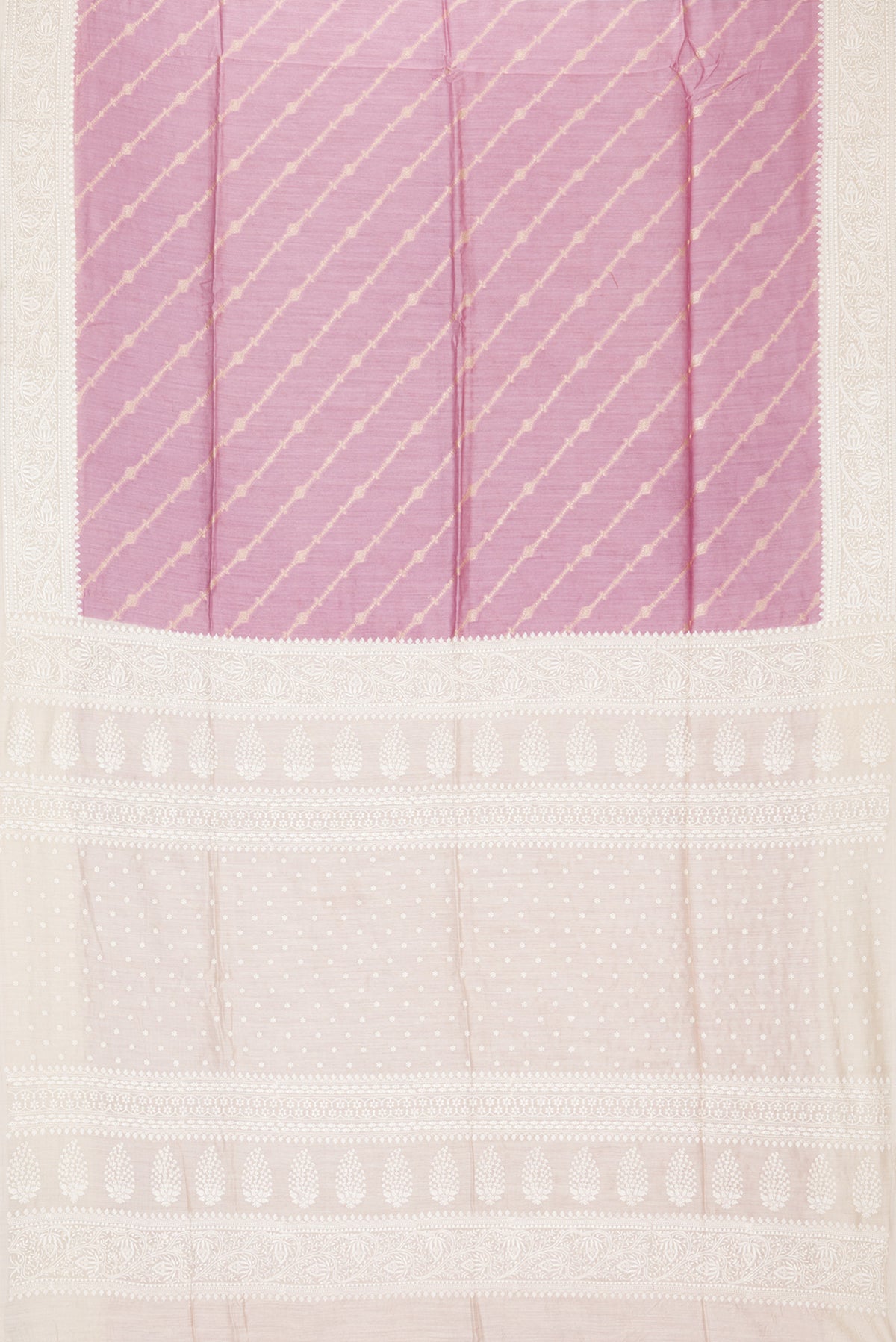 Flat view of Pink Dual Tone Tussar Saree with Thread Butta on the body and Embroidery Border. 