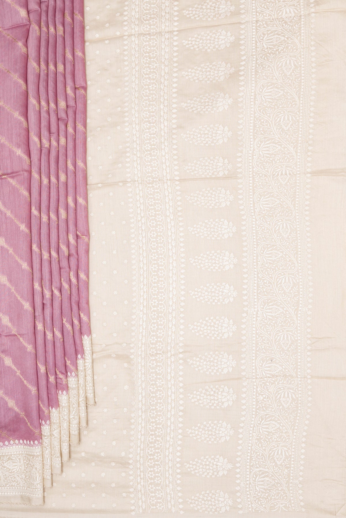 Pleats and pallu of Pink Dual Tone Tussar Saree with Thread Butta on the body and Embroidery Border. 