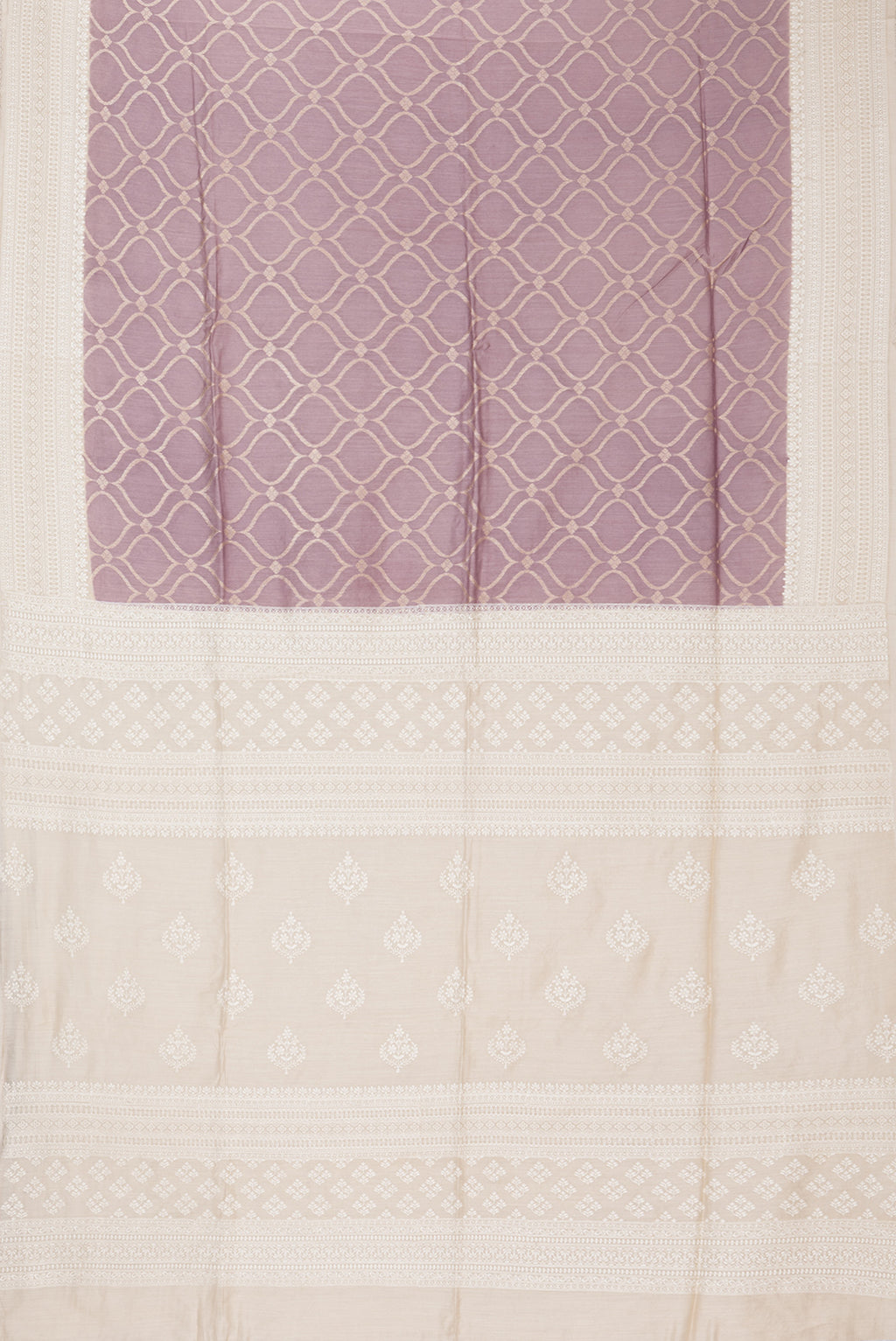 Flat view of Pure Silk Lavender Dual Tone Tussar Saree with Zari Brocade on the body and Embroidery Border. 