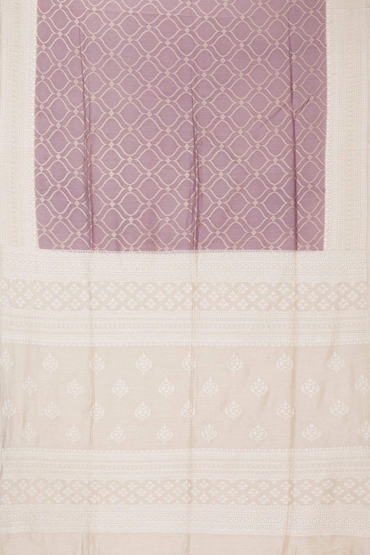 Flat view of Pure Silk Lavender Dual Tone Tussar Saree with Zari Brocade on the body and Embroidery Border. 
