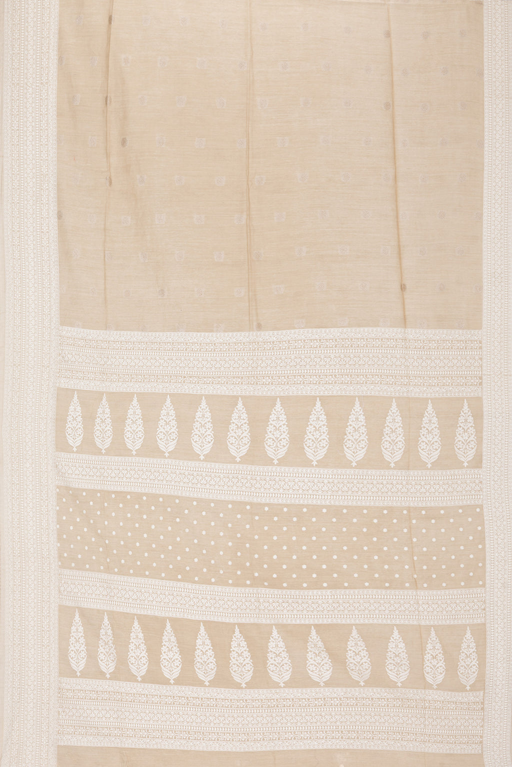 Flat view of Pure Silk Beige Tussar Saree with Thread Butta on the body and Embroidery Border. 