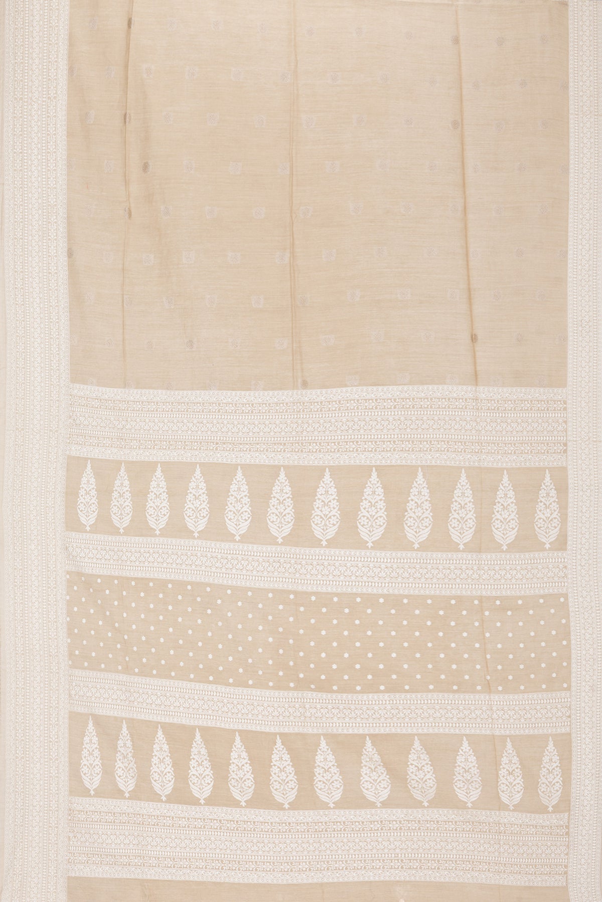 Flat view of Pure Silk Beige Tussar Saree with Thread Butta on the body and Embroidery Border. 