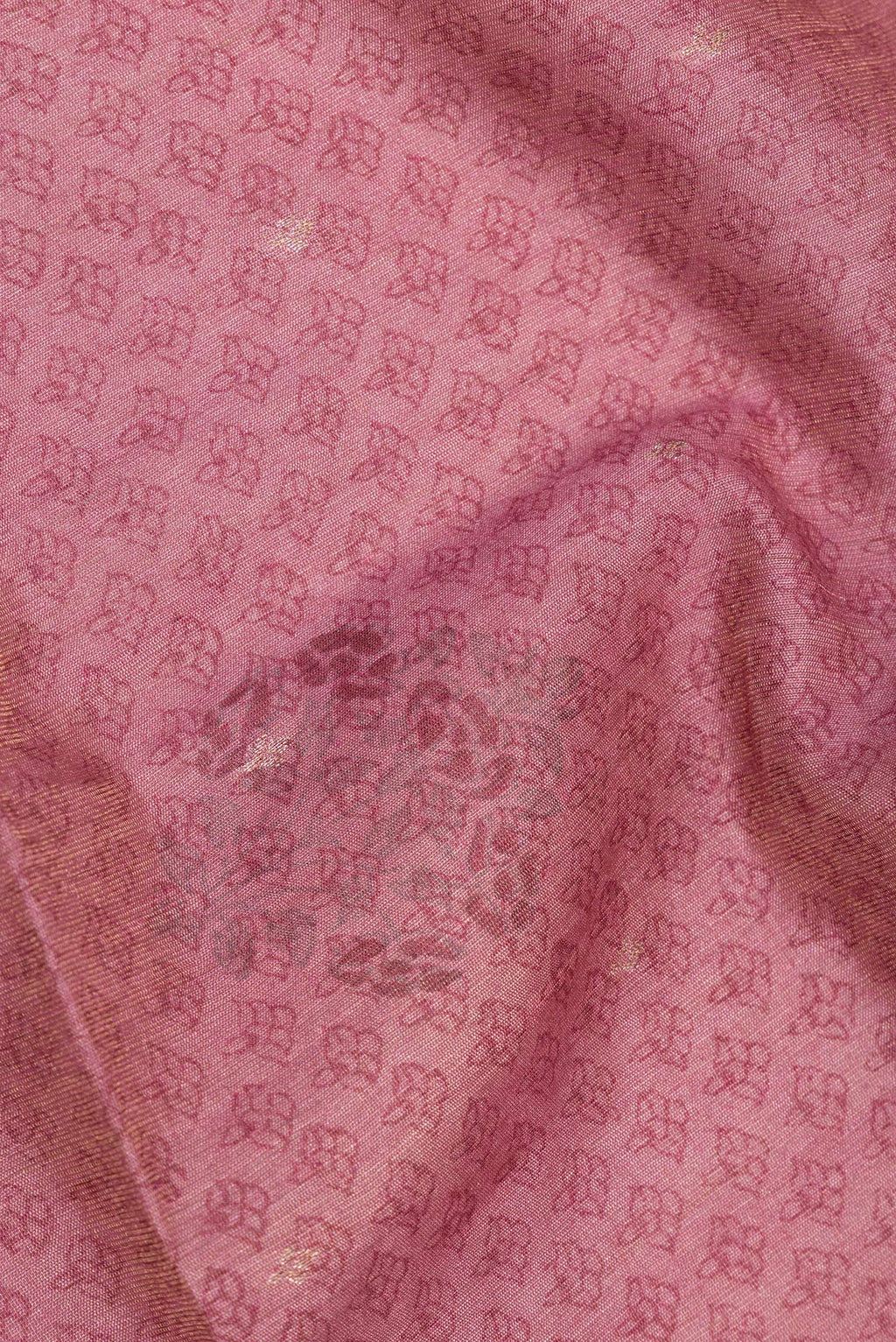 Close up of Coral Dual Tone Tussar Saree with Printed design on the body and Embroidery Border.  displaying folds