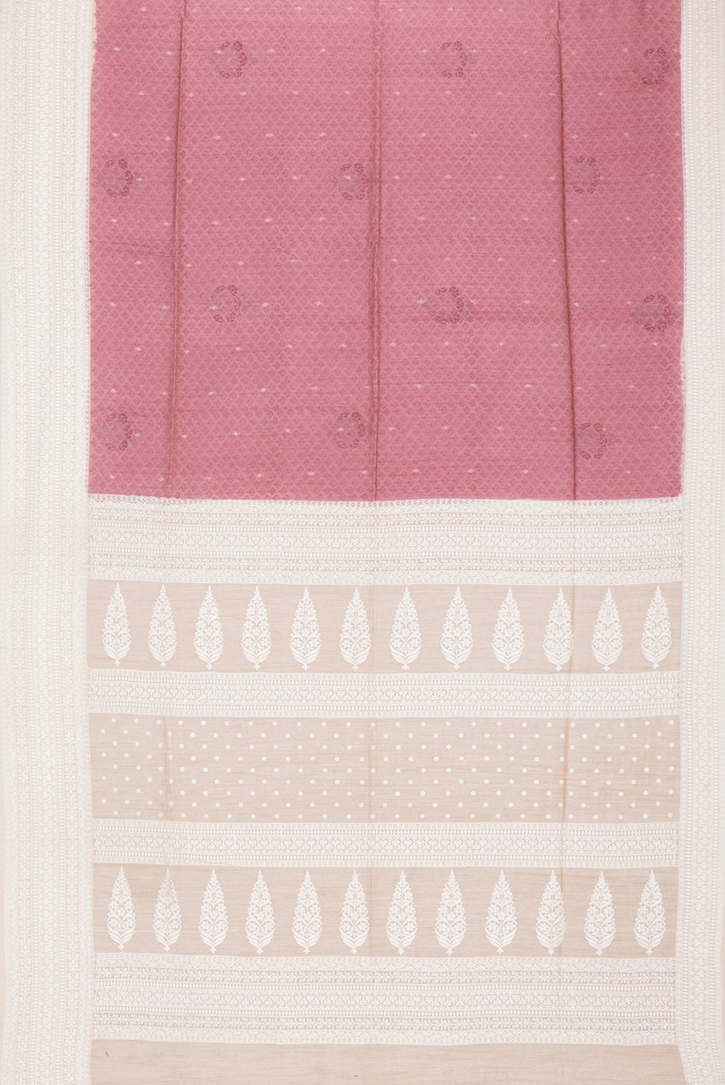 Flat view of Coral Dual Tone Tussar Saree with Printed design on the body and Embroidery Border. 