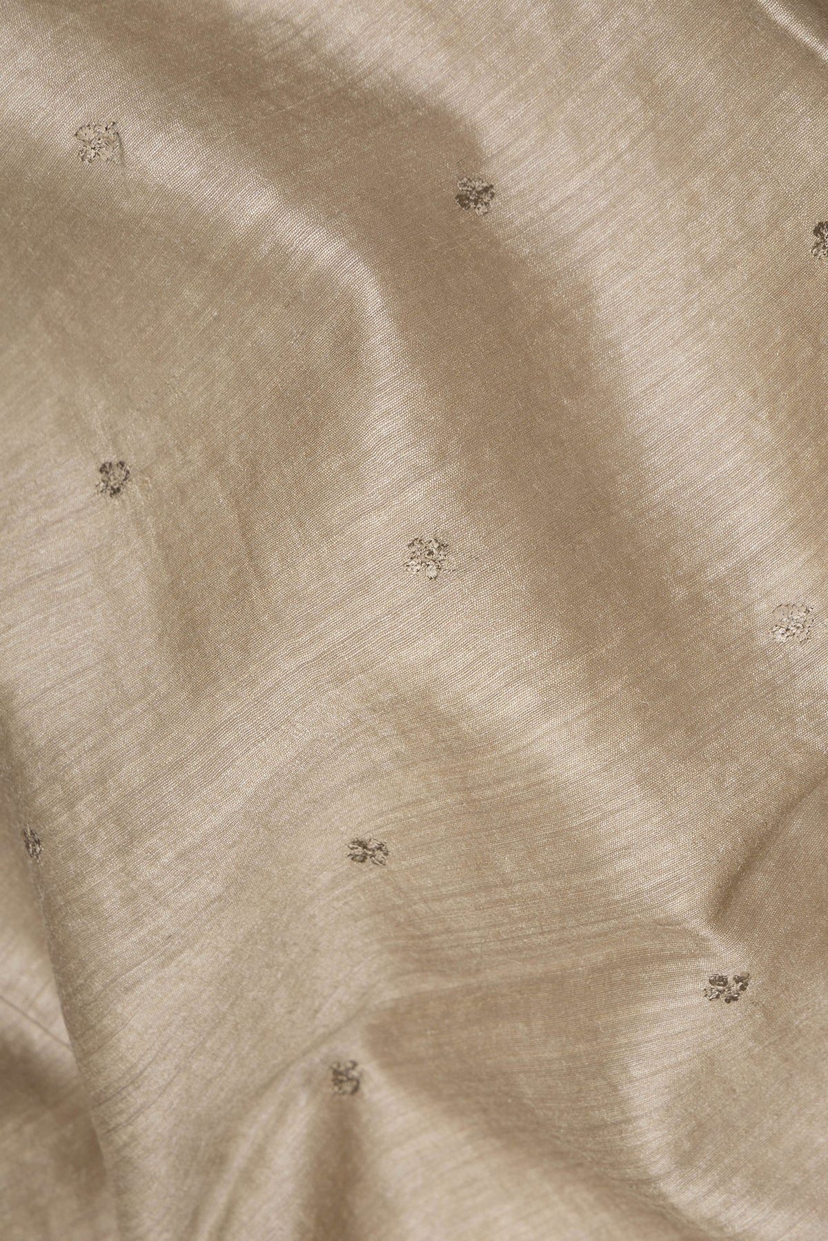 Close up of Pure Silk Dark Beige Tussar Saree with Embroidery on the body and Embroidery Border.  displaying folds