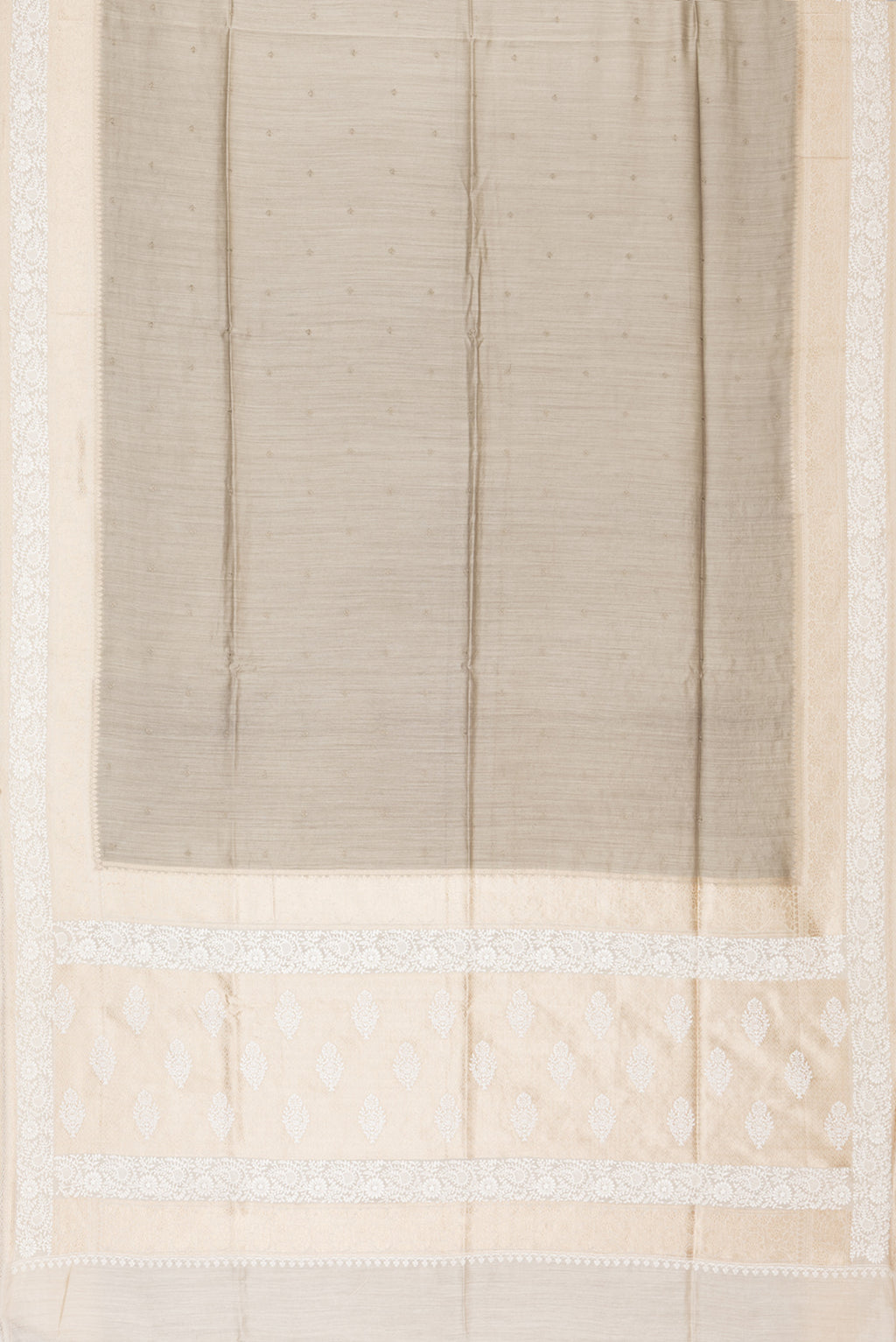 Flat view of Pure Silk Dark Beige Tussar Saree with Embroidery on the body and Embroidery Border. 