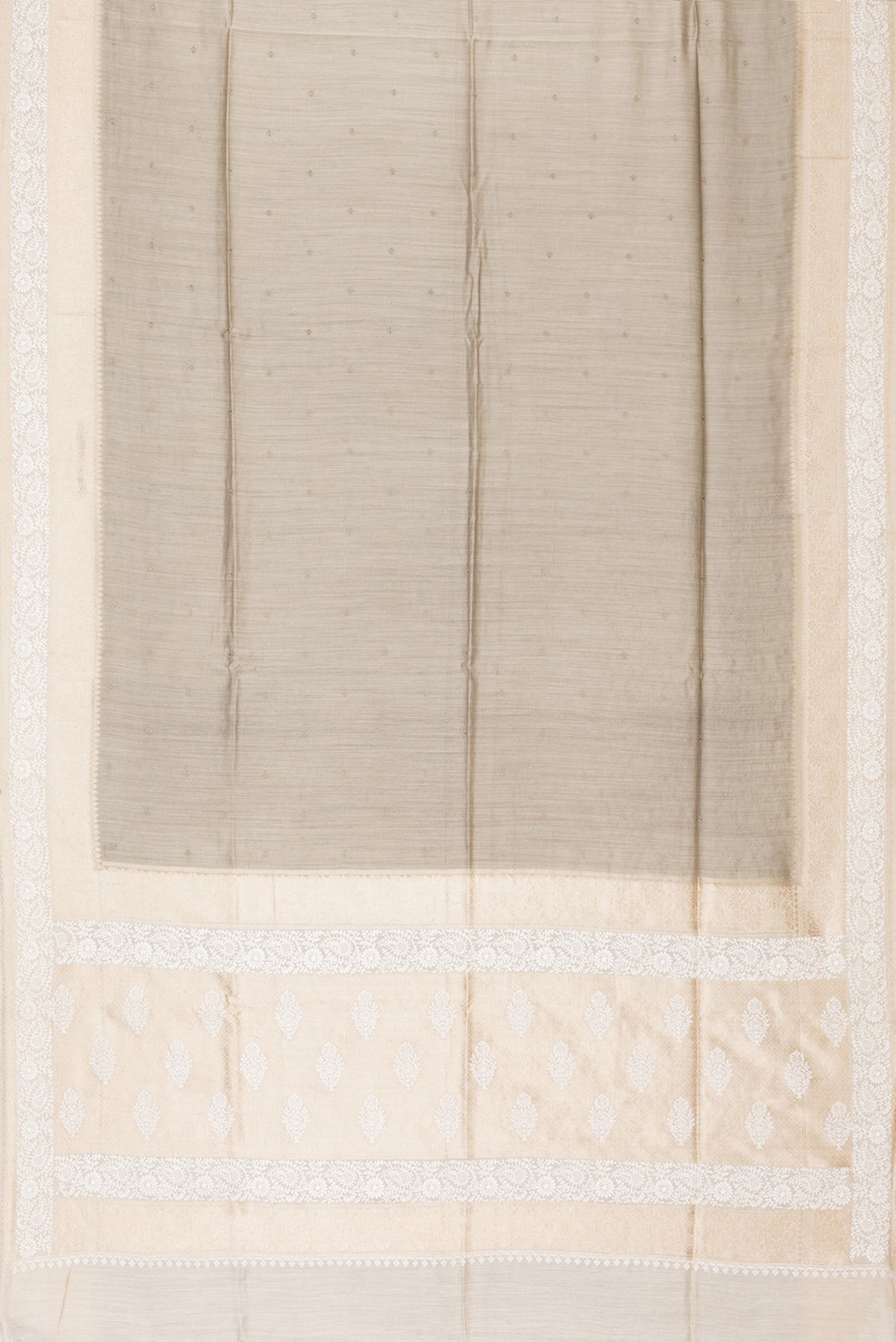 Flat view of Pure Silk Dark Beige Tussar Saree with Embroidery on the body and Embroidery Border. 