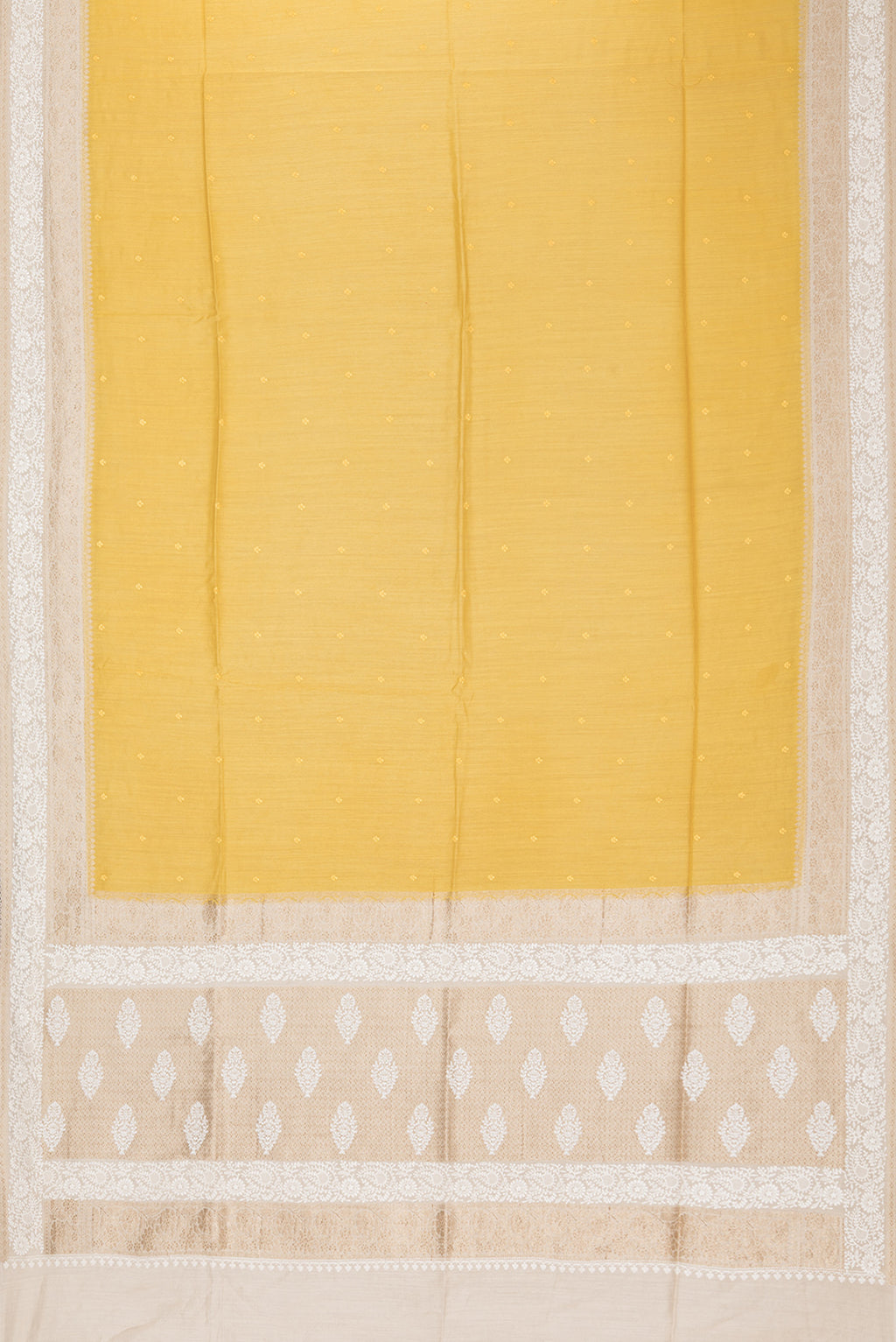 Flat view of Pure Silk Mustard Dual Tone Tussar Saree with Embroidery on the body and Embroidery Border. 