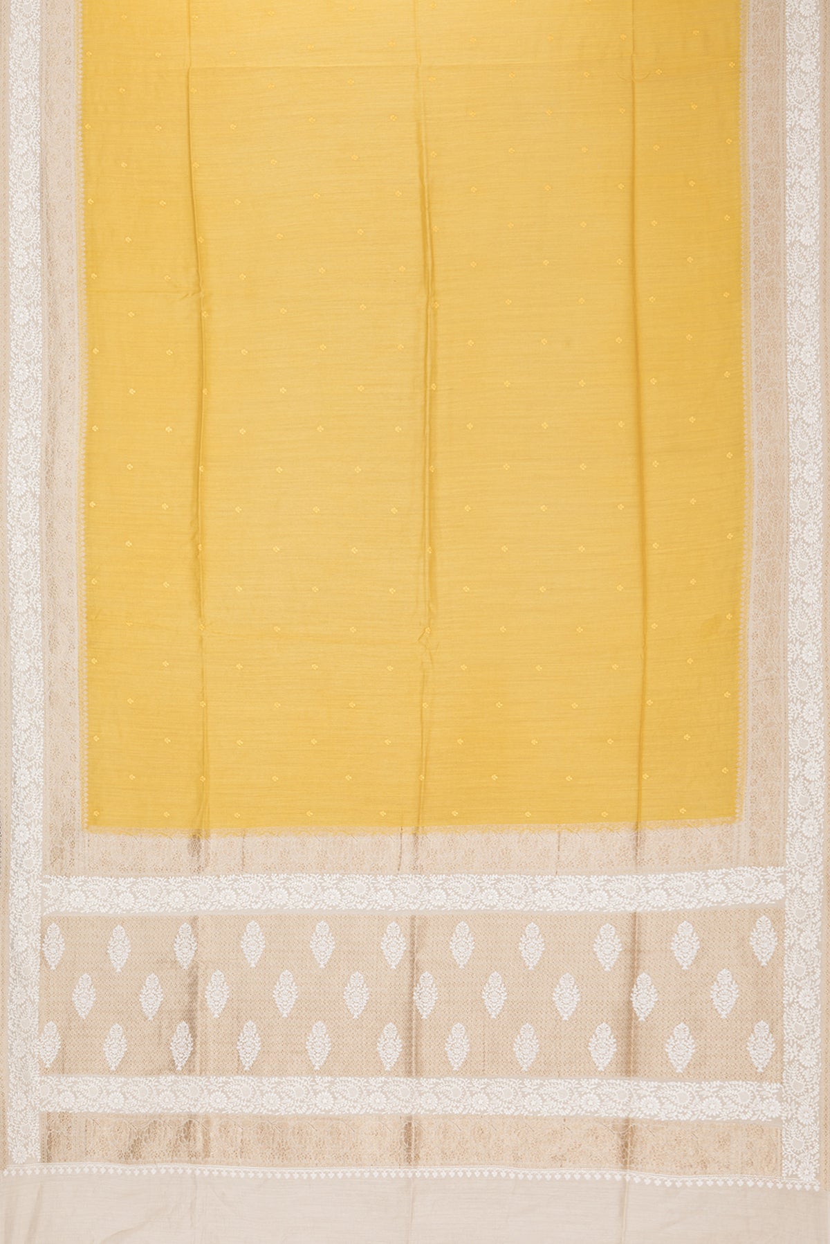 Flat view of Pure Silk Mustard Dual Tone Tussar Saree with Embroidery on the body and Embroidery Border. 