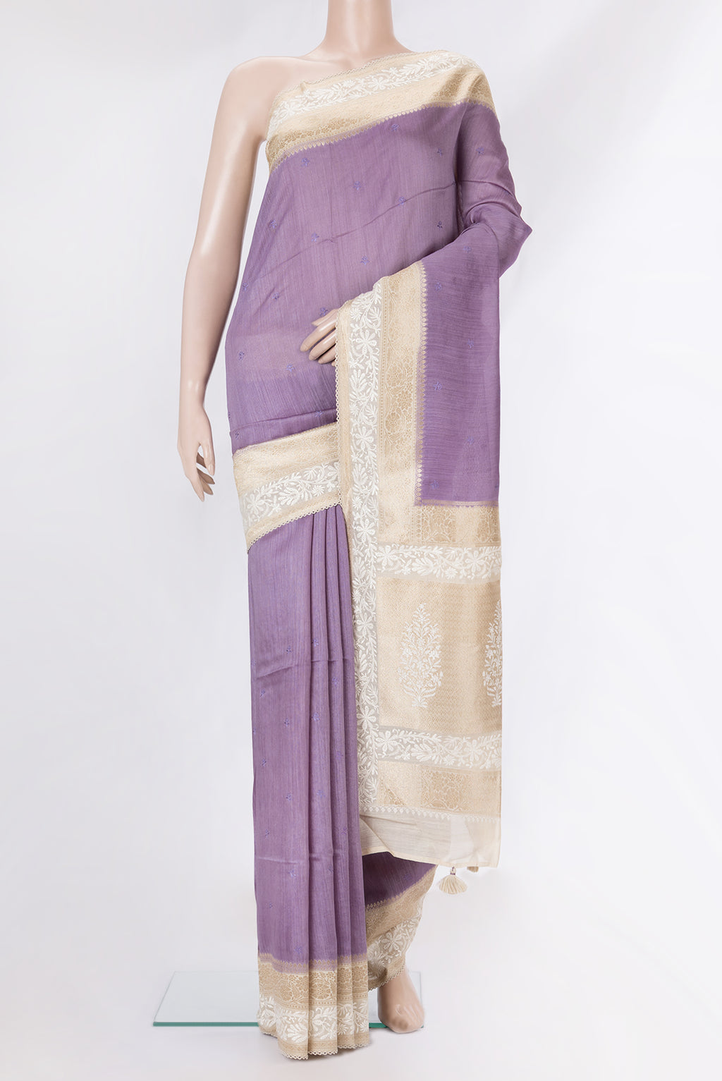 Pure Silk Lavender Dual Tone Tussar Saree with Embroidery on the body and Embroidery Border.  displayed on a mannequin
