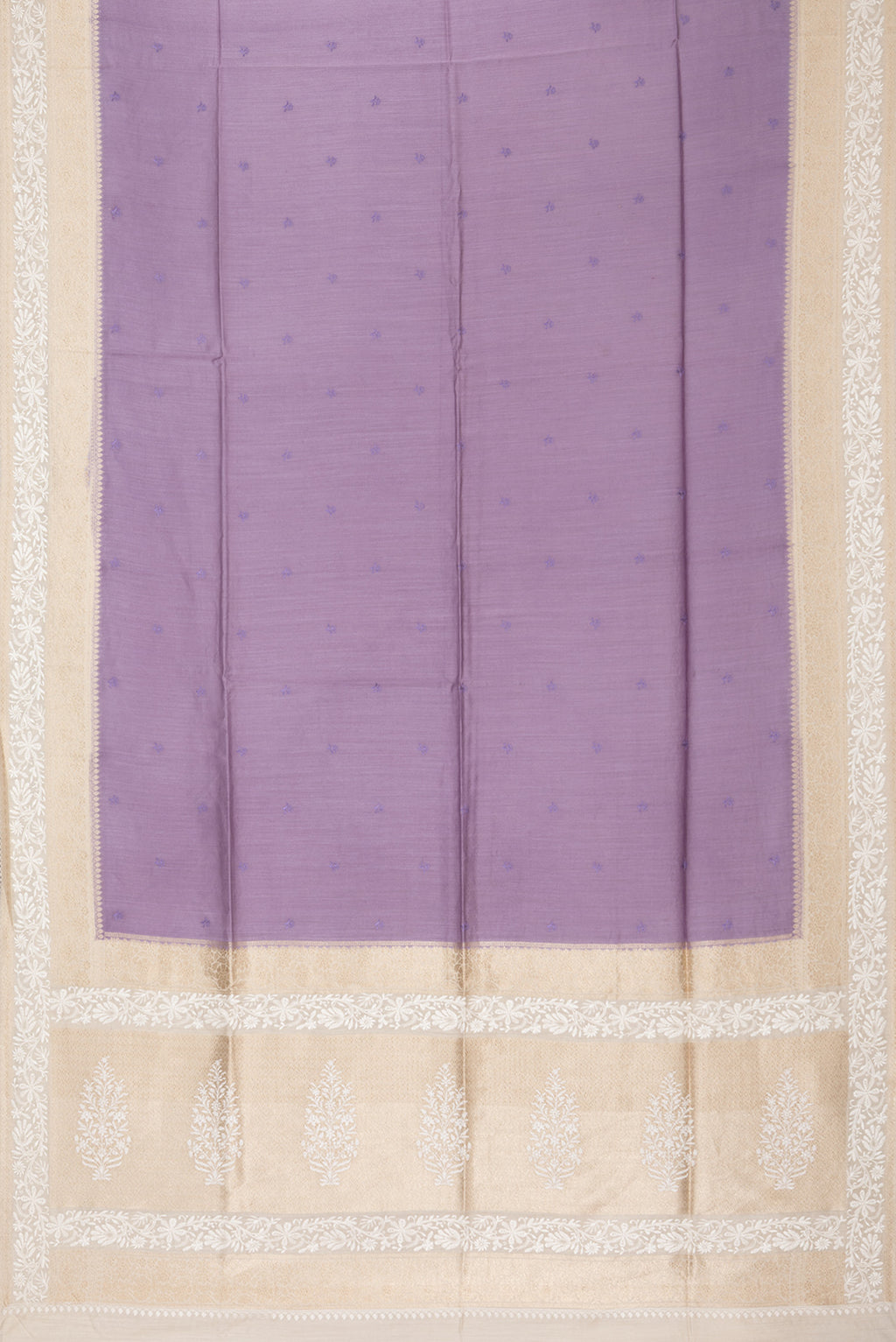 Flat view of Pure Silk Lavender Dual Tone Tussar Saree with Embroidery on the body and Embroidery Border. 
