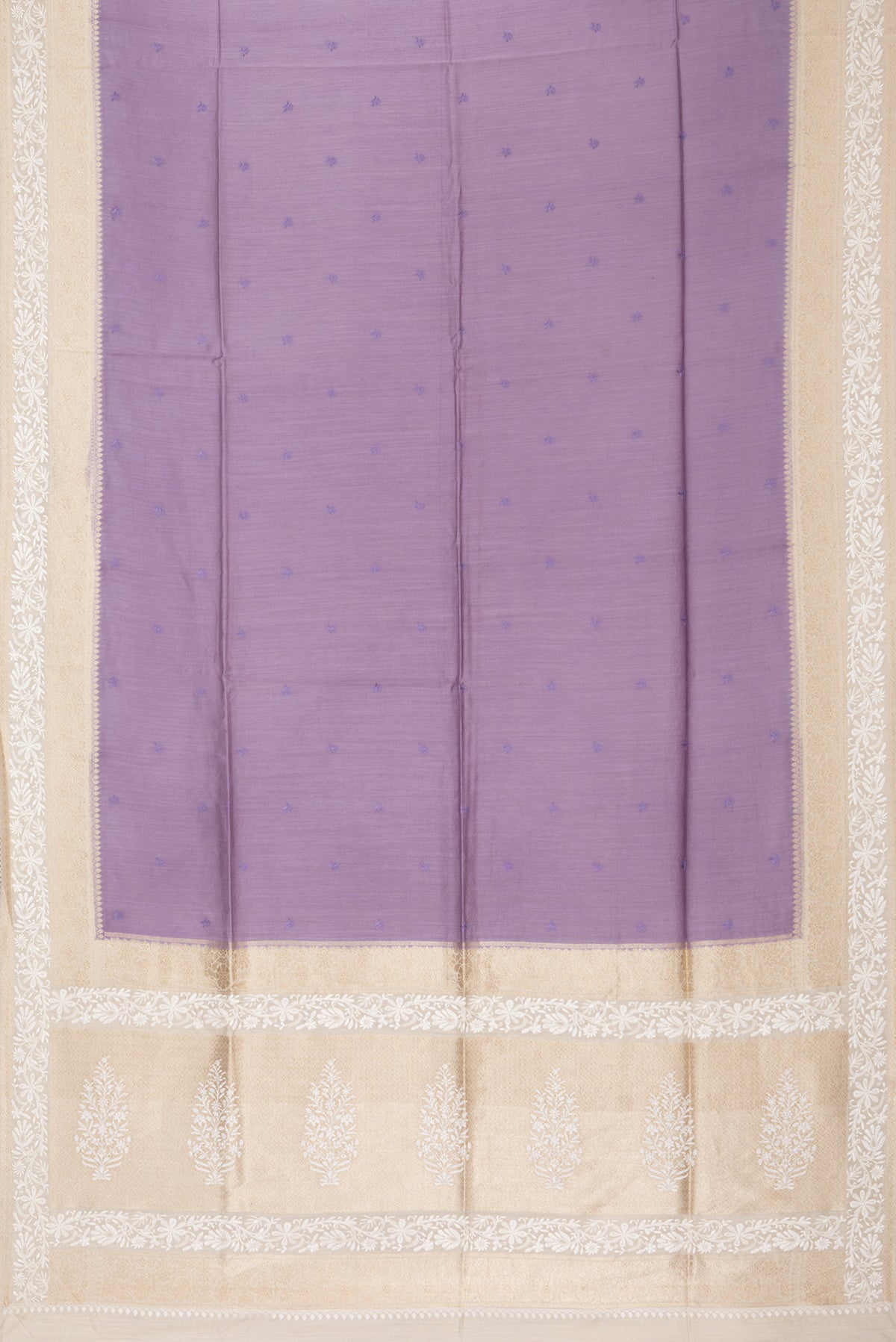 Flat view of Pure Silk Lavender Dual Tone Tussar Saree with Embroidery on the body and Embroidery Border. 