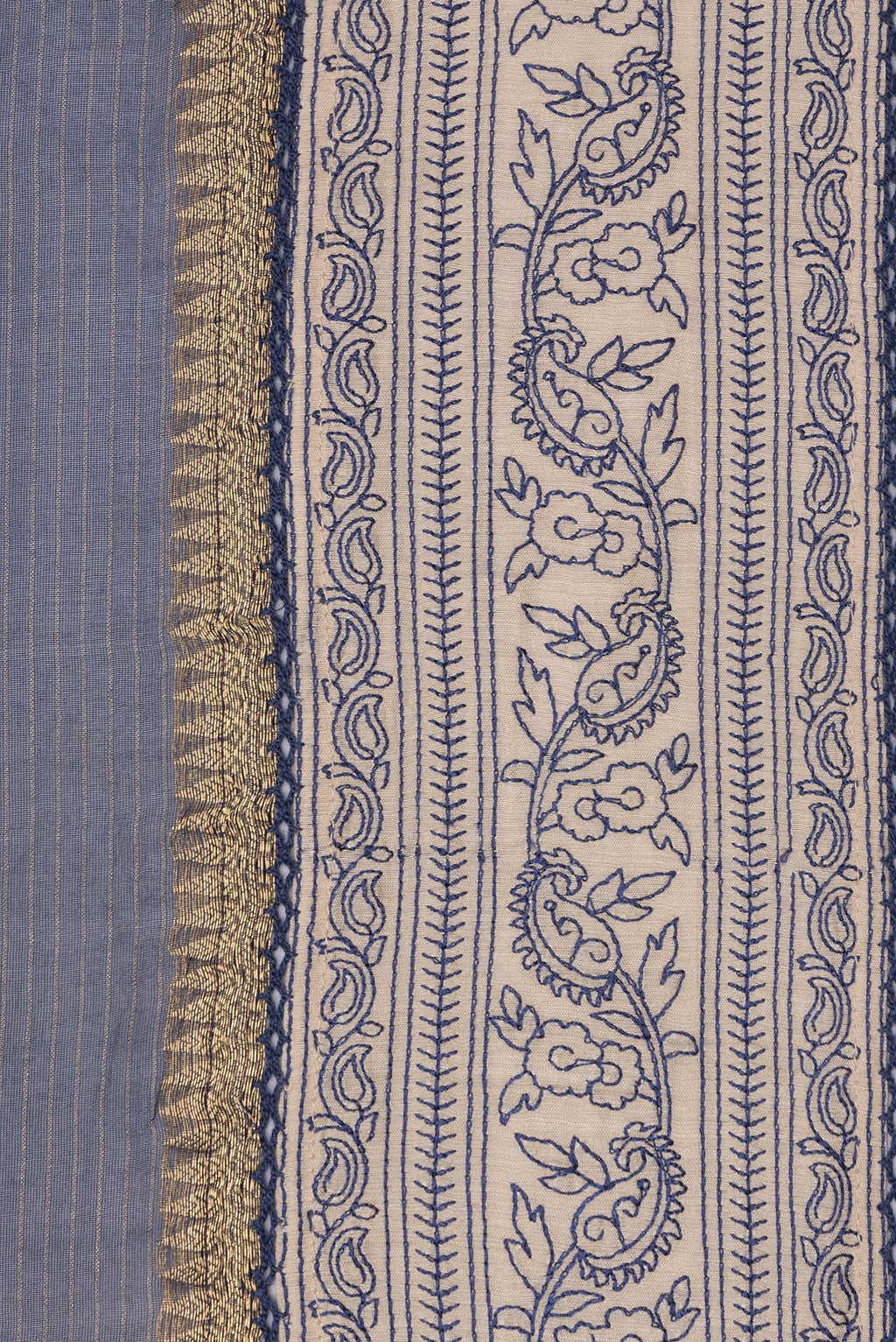 Border image of Pure Silk Navy Blue Dual Tone Tussar Saree with Stripes on the body and Embroidery Border. 