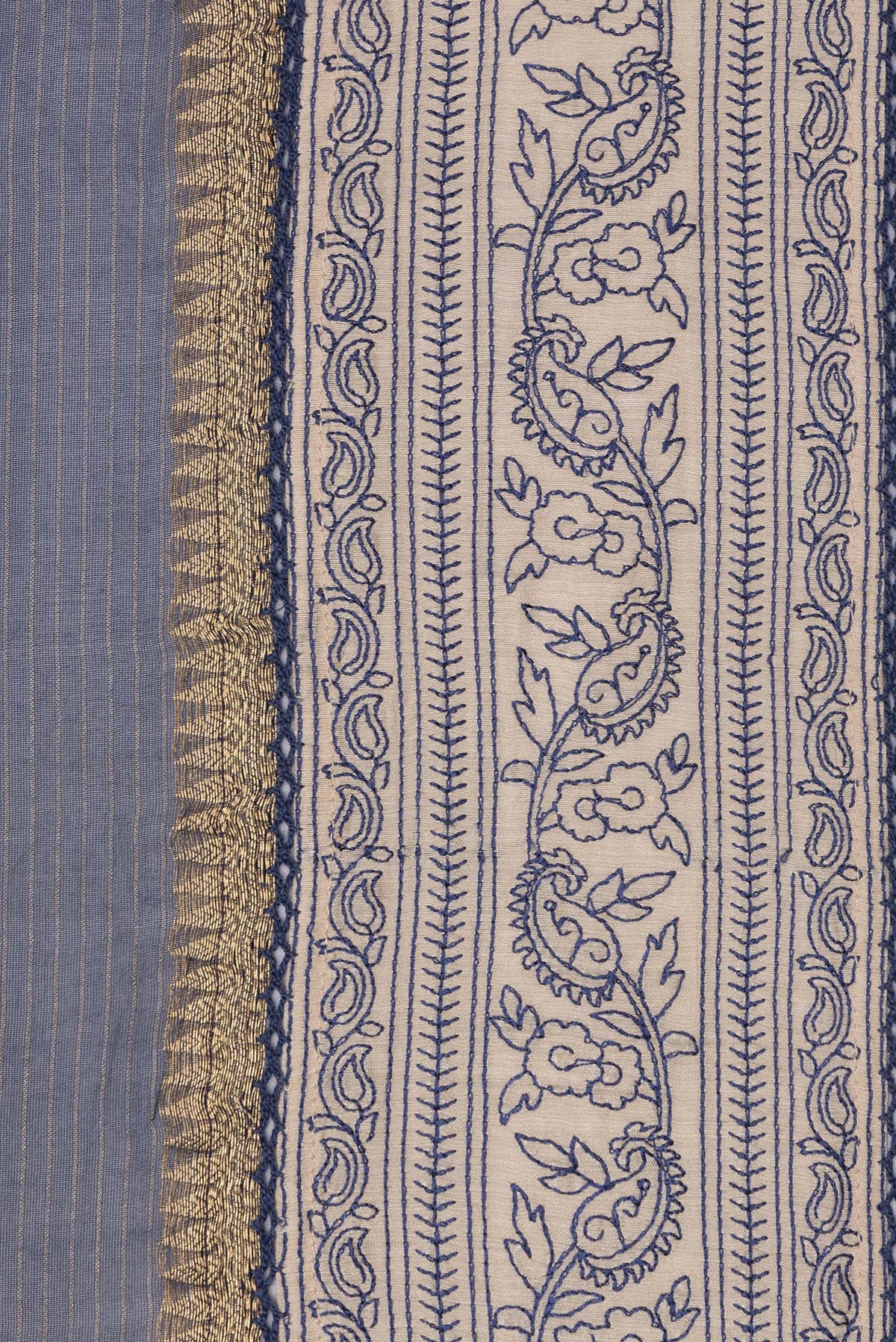 Border image of Pure Silk Navy Blue Dual Tone Tussar Saree with Stripes on the body and Embroidery Border. 