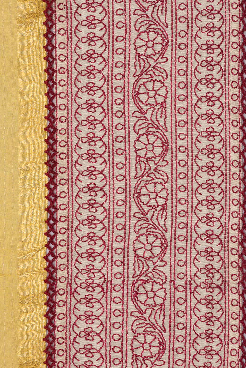 Border image of Pure Silk Yellow Dual Tone Tussar Saree with Stripes on the body and Embroidery Border. 